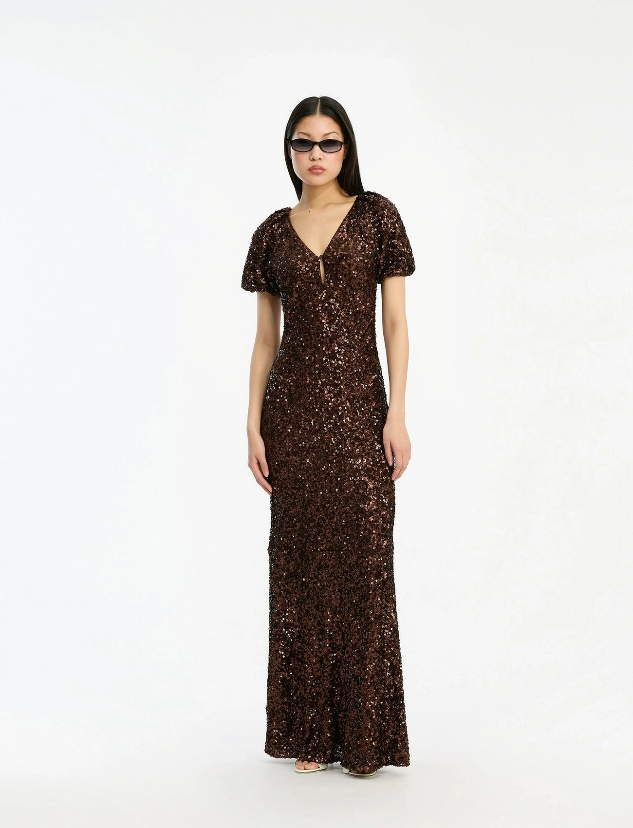 ROTATE Birger Christensen Sequins Midi V-Neck Dress, 36, Brown, Kjoler > Maxikjole, Dame
