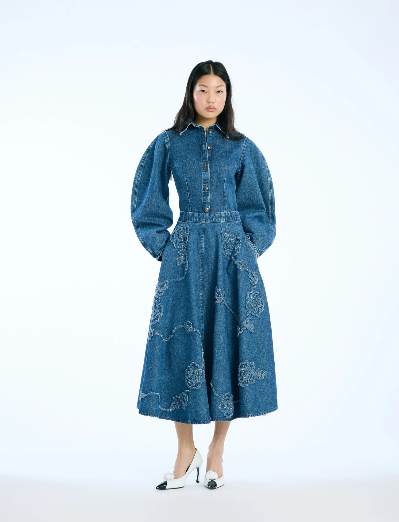 ROTATE Birger Christensen Denim Flower Midi Skirt, 36, Blue, Nederdele > Knælange Og Midi Nederdele, Dame