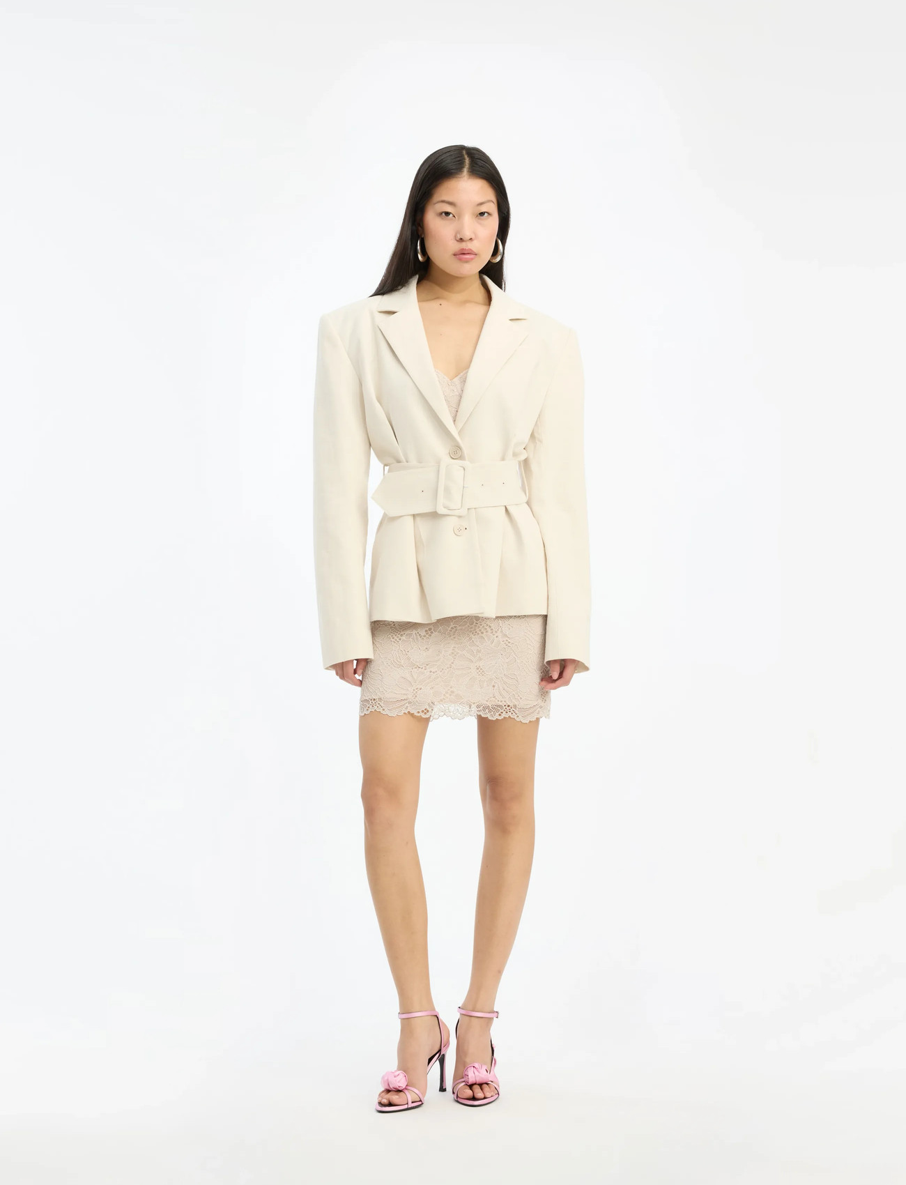 ROTATE Birger Christensen Linen Suiting Blazer, 34, Cream, Blazere > Blazere Med Bælte, Dame