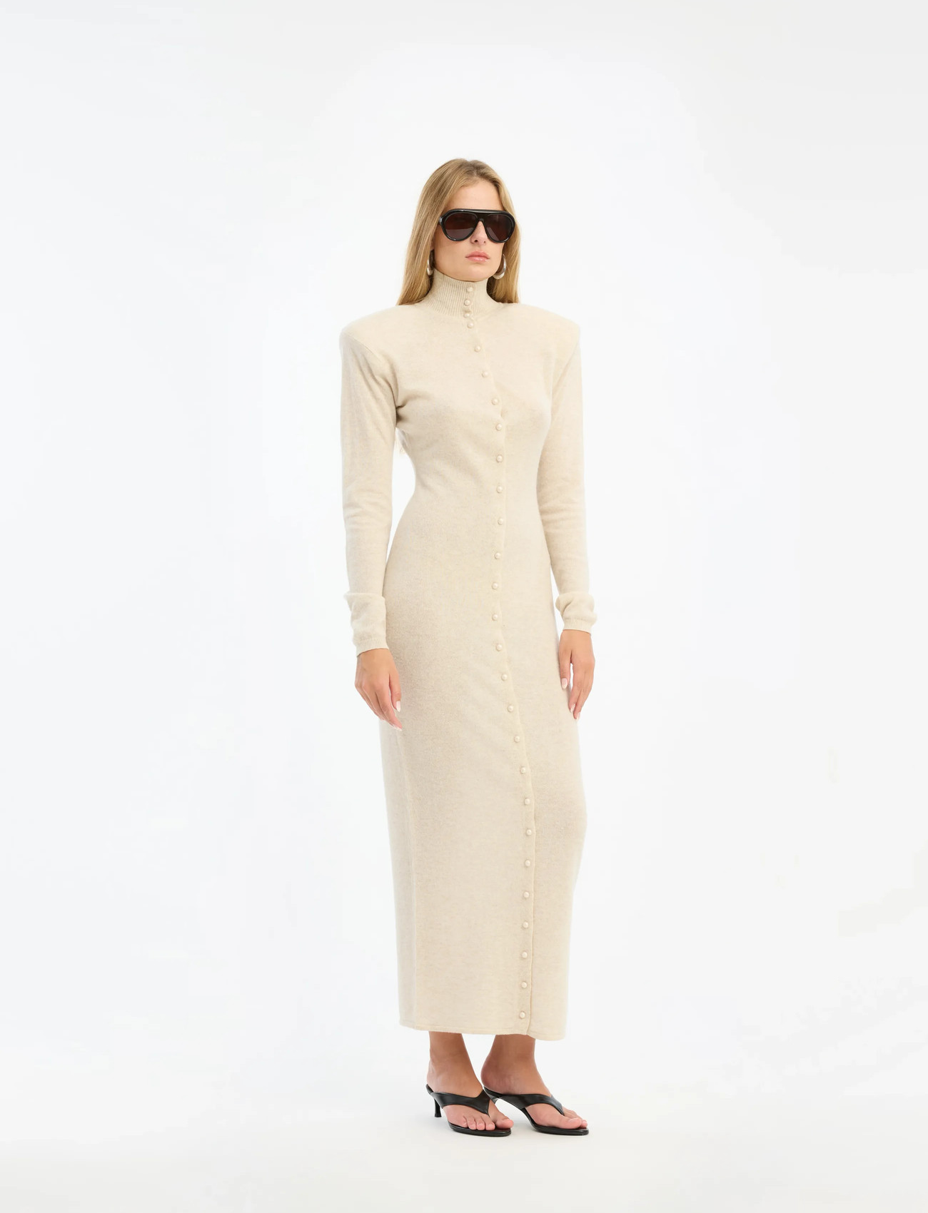 ROTATE Birger Christensen Knitted Polo Dress, XL, Beige, Designere > Maxi Dress, Dame