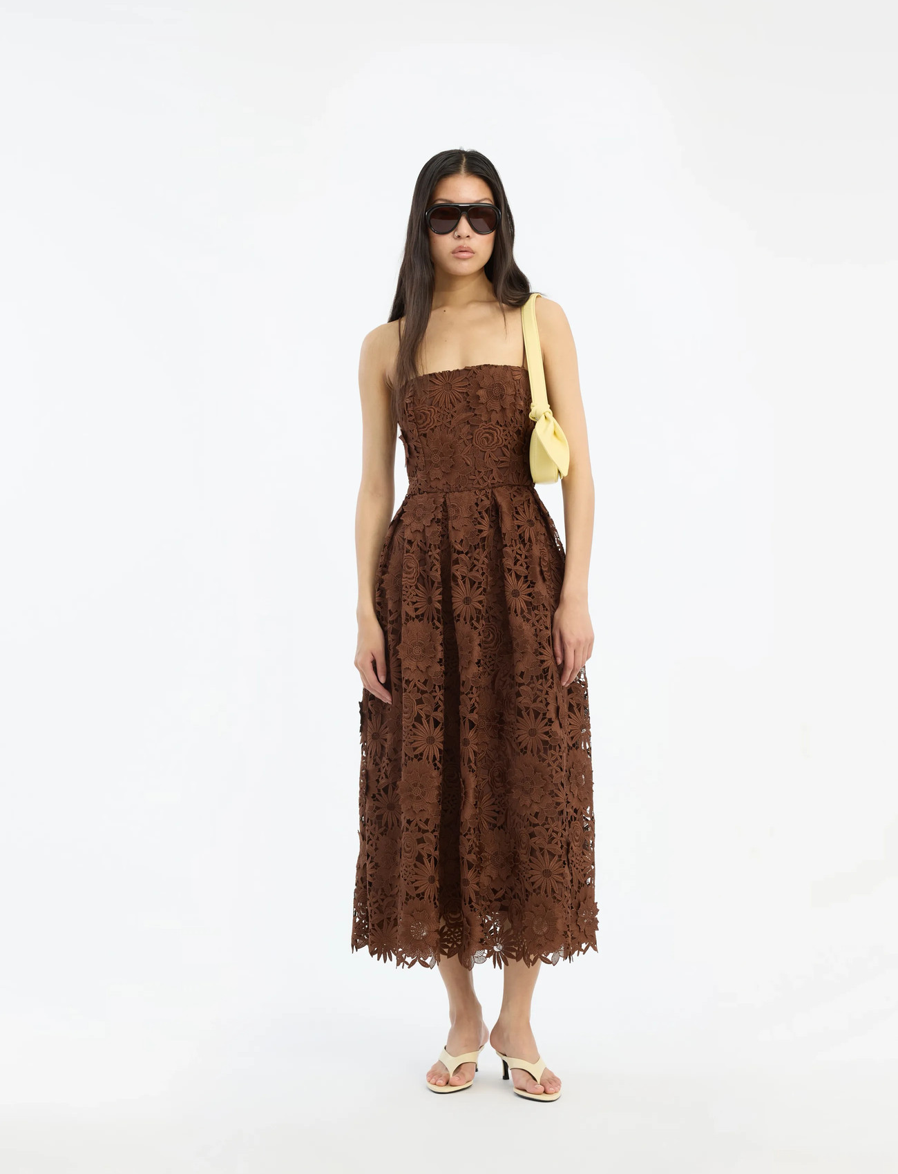 ROTATE Birger Christensen 3D Lace Flared Midi Dress, 40, Brown, Designere > Knælange Og Midi, Dame
