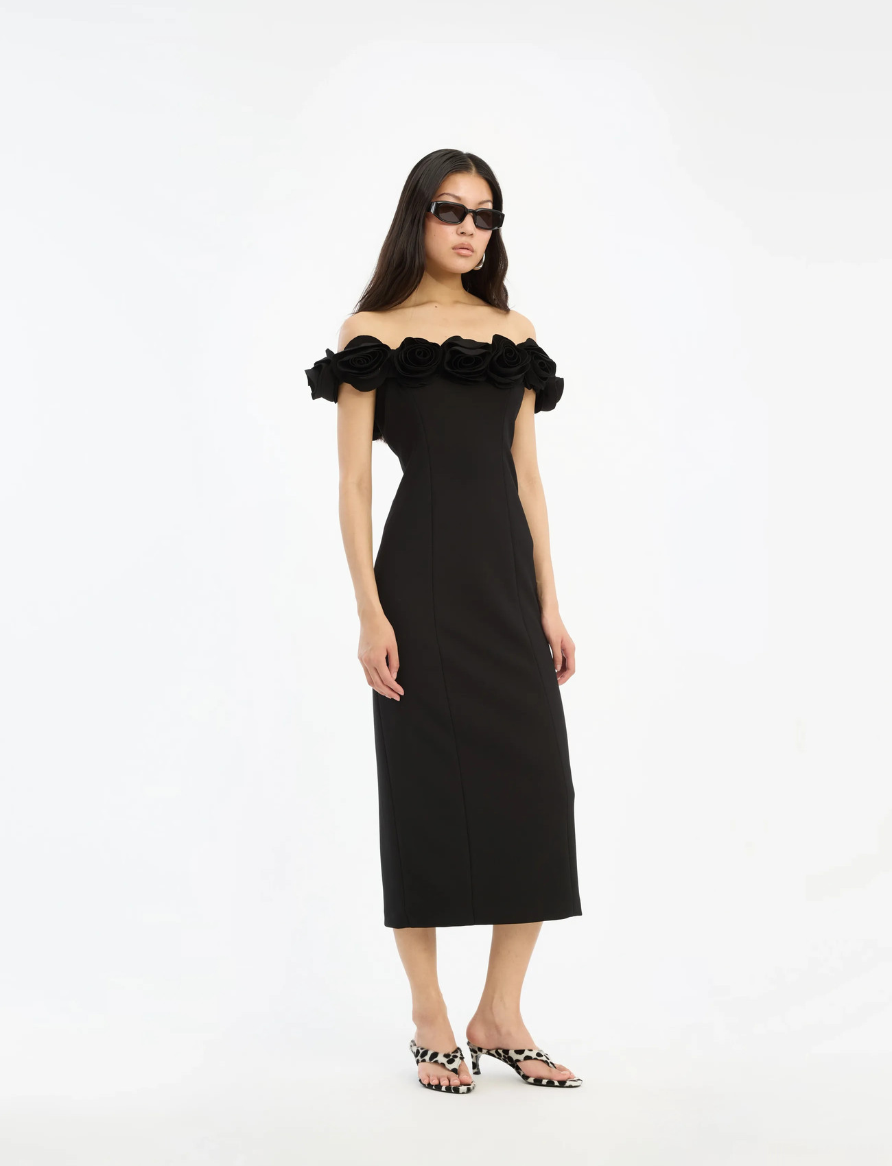 ROTATE Birger Christensen Crepe Midi Flower Dress, 36, Black, Designere > Maxi Dress, Dame