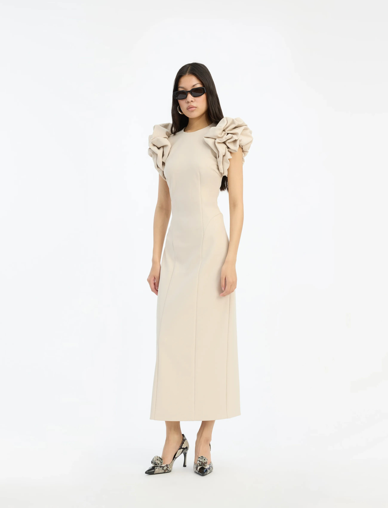 ROTATE Birger Christensen Crepe Puffy Midi Dress, 36, Cream, Designere > Maxi Dress, Dame