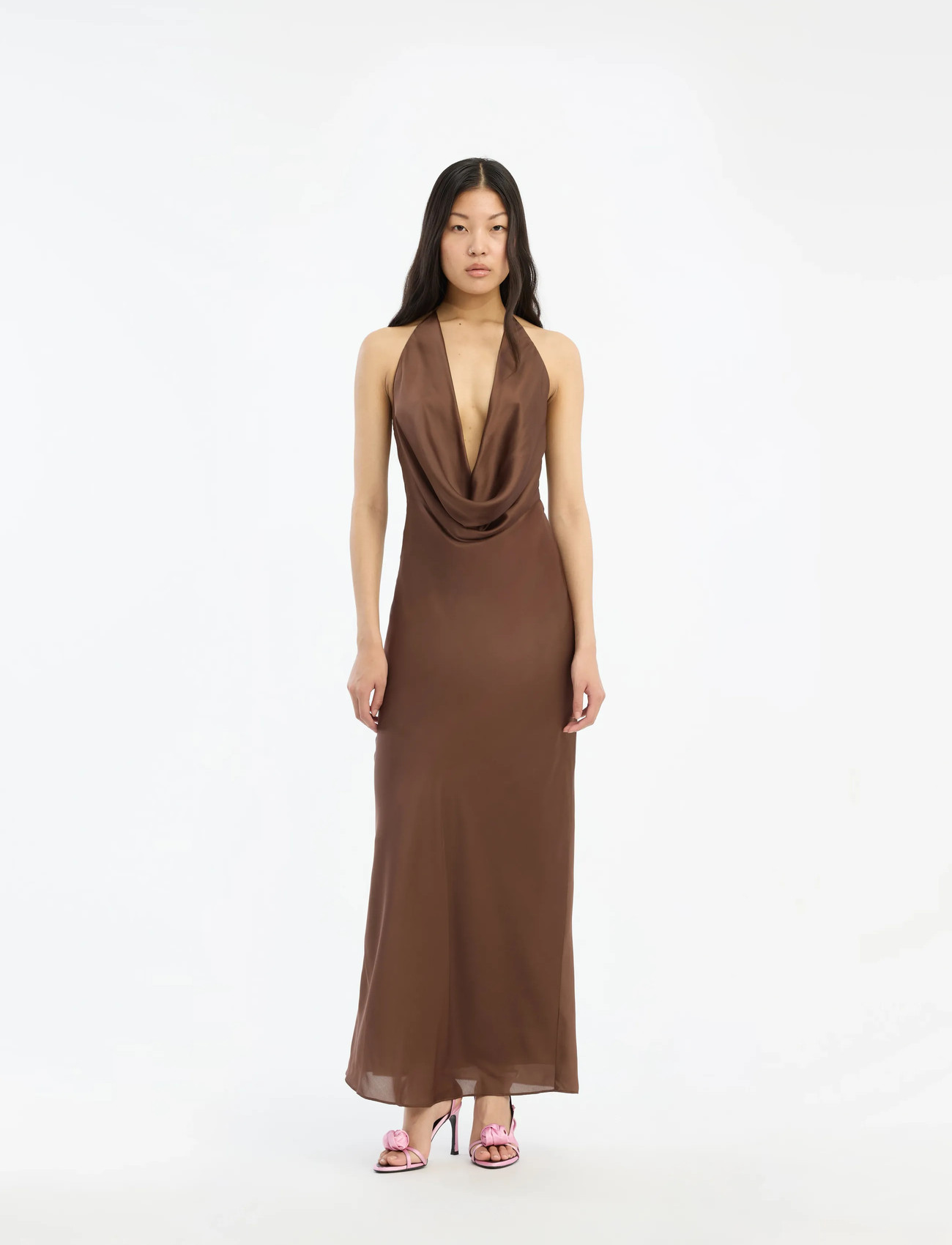 ROTATE Birger Christensen Chiffon Halter Dress, 42, Brown, Designere > Aftenkjoler, Dame