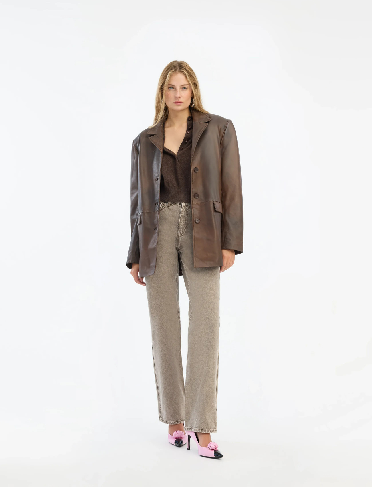 ROTATE Birger Christensen Leather Oversized Blazer, 38, Brown, Designere > Enkeltradede Blazere, Dame