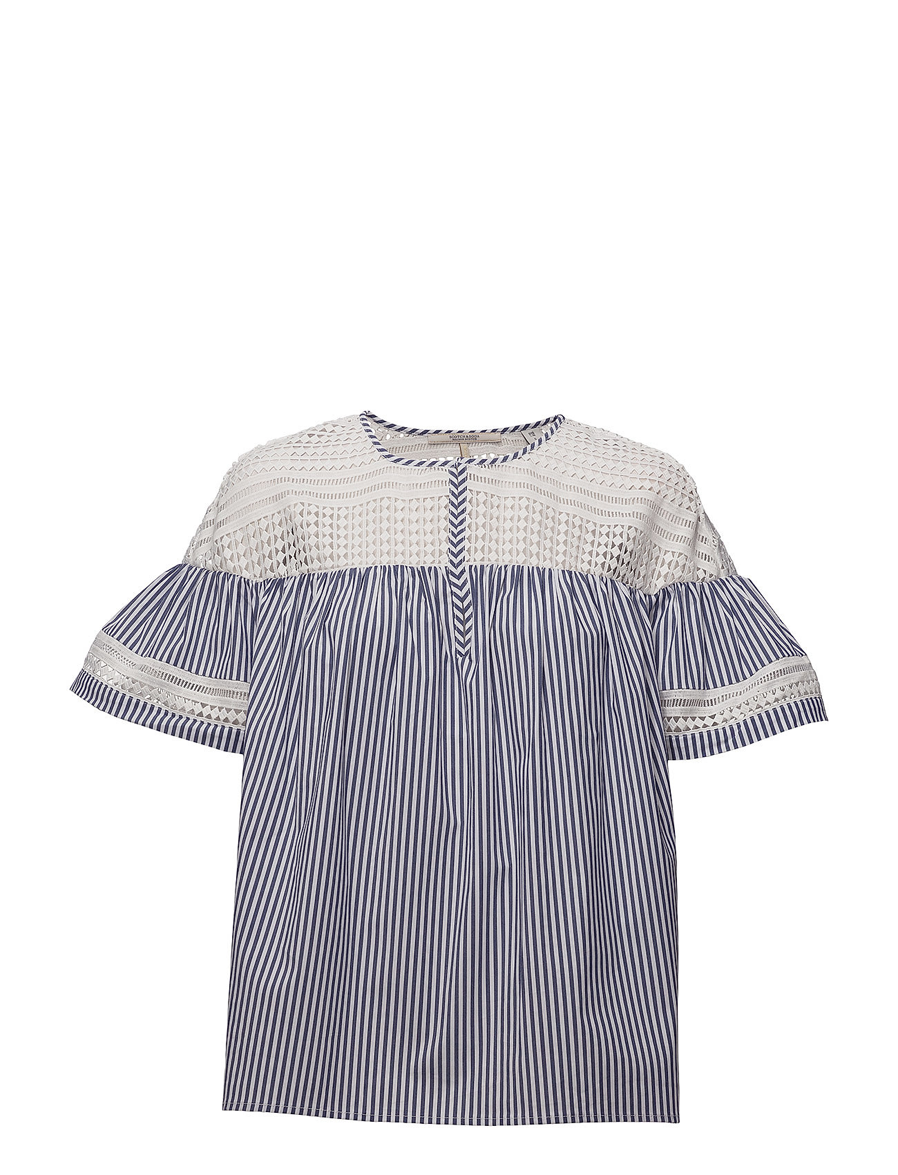 Scotch & Soda Short Sleeve Striped Top With Lace Yoke And Ruffle