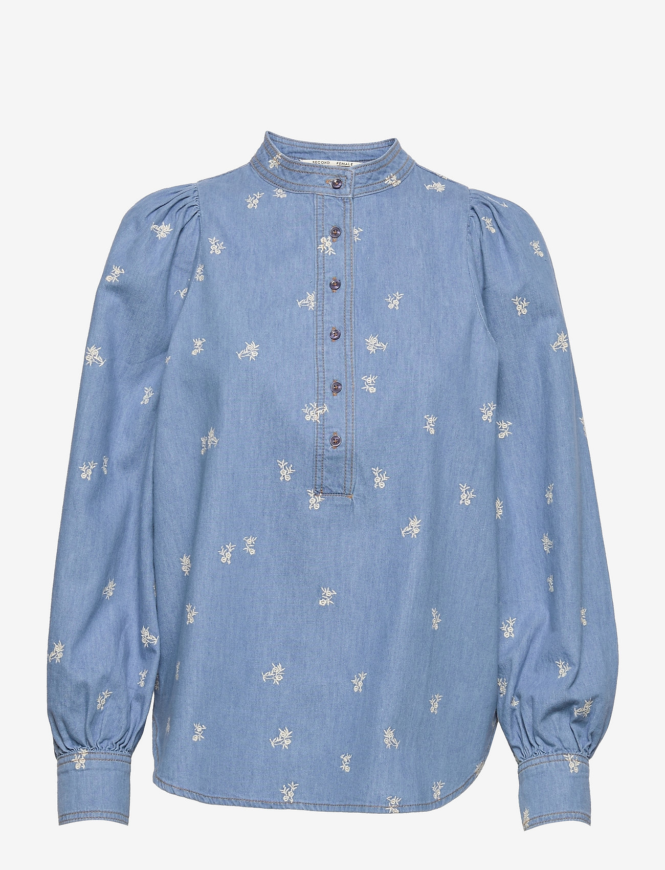 Second Female - Balloti Embroidery Blouse - långärmade blusar - light blue denim - 0