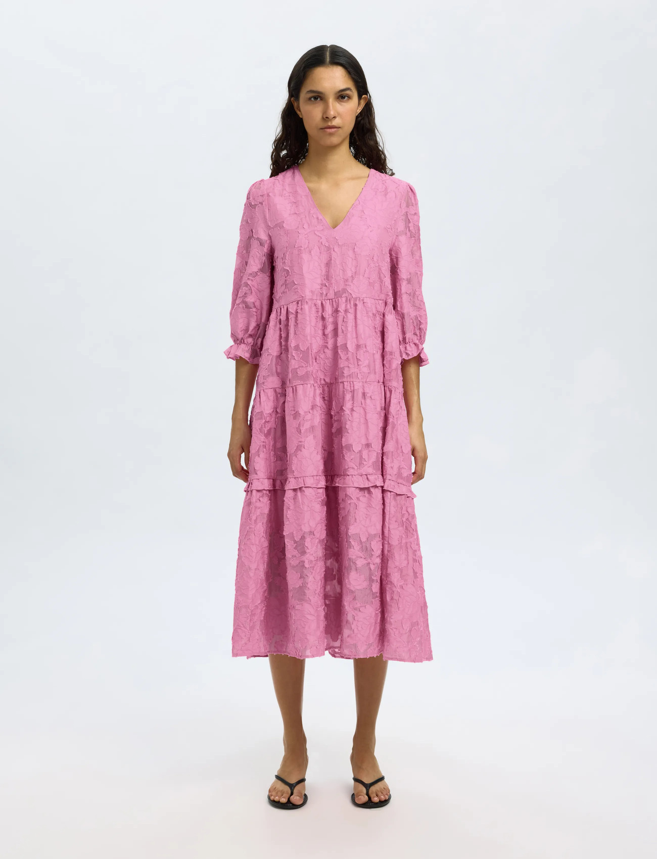 Selected Slfsadie 3/4 Midi Dress B, 36, Pink, Kjoler > Knælange Og Midi, Dame