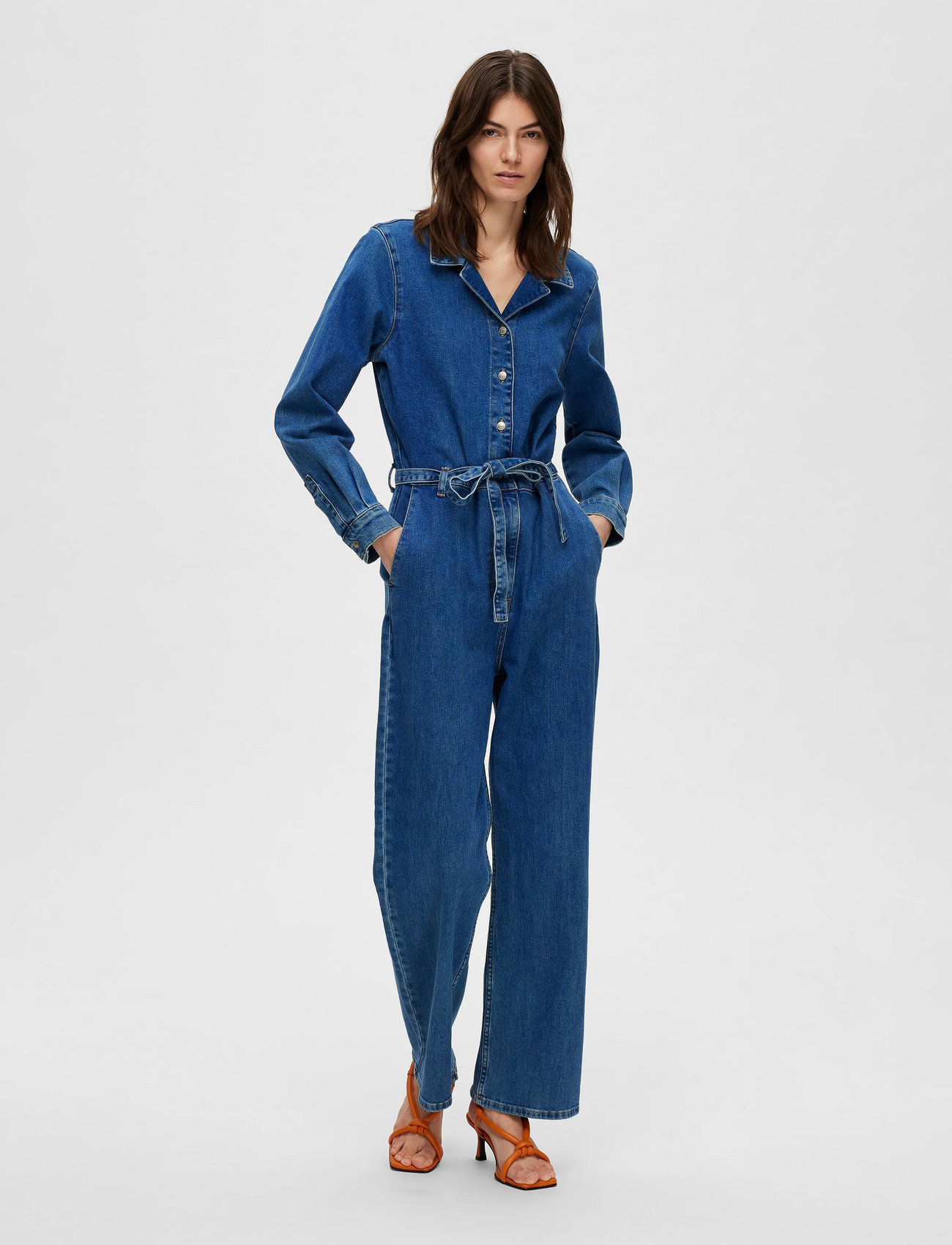 Selected Femme Slfstefanie Ls Mid Blue Jumpsuit - Clothing 