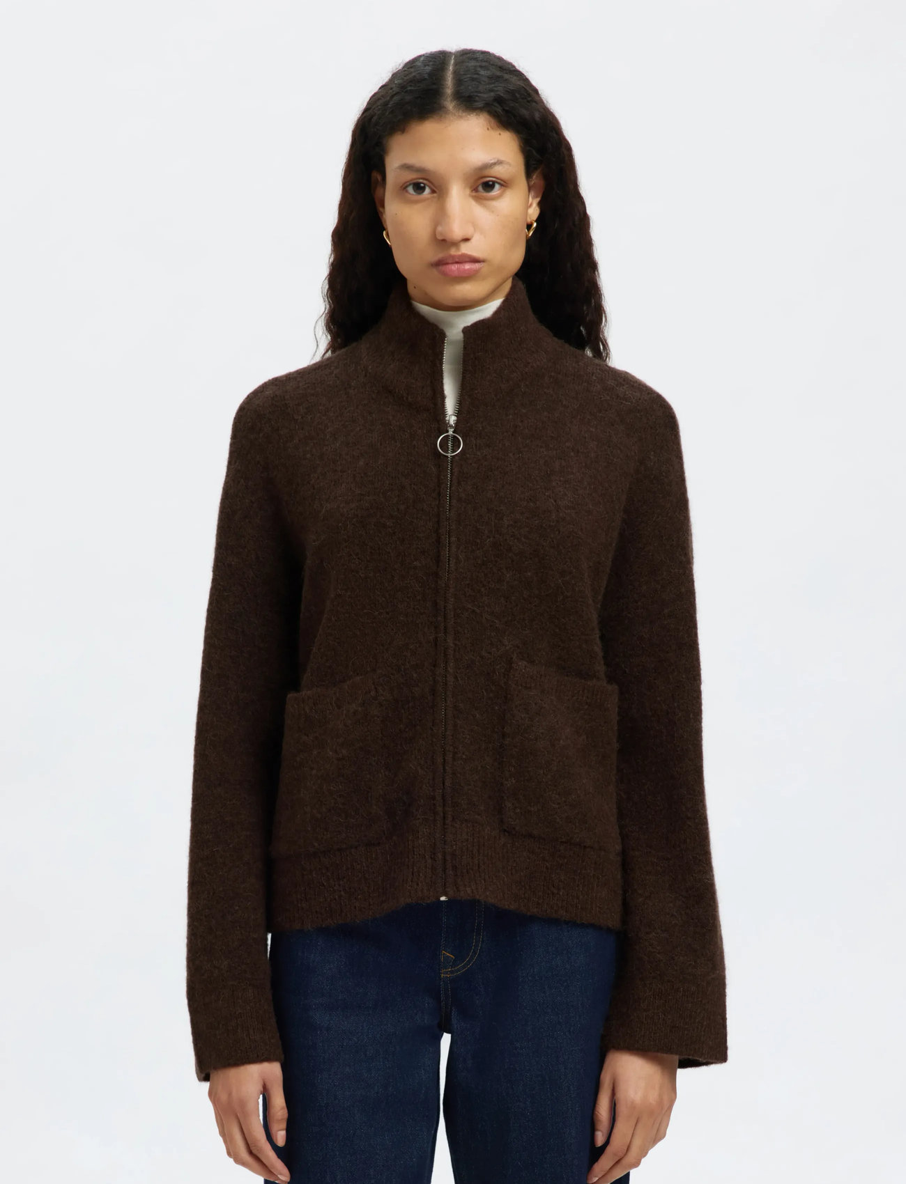 Selected Slfsia Ras Ls Knit Zipper Cardigan Noos, L, Brown, Strik > Cardigans, Dame