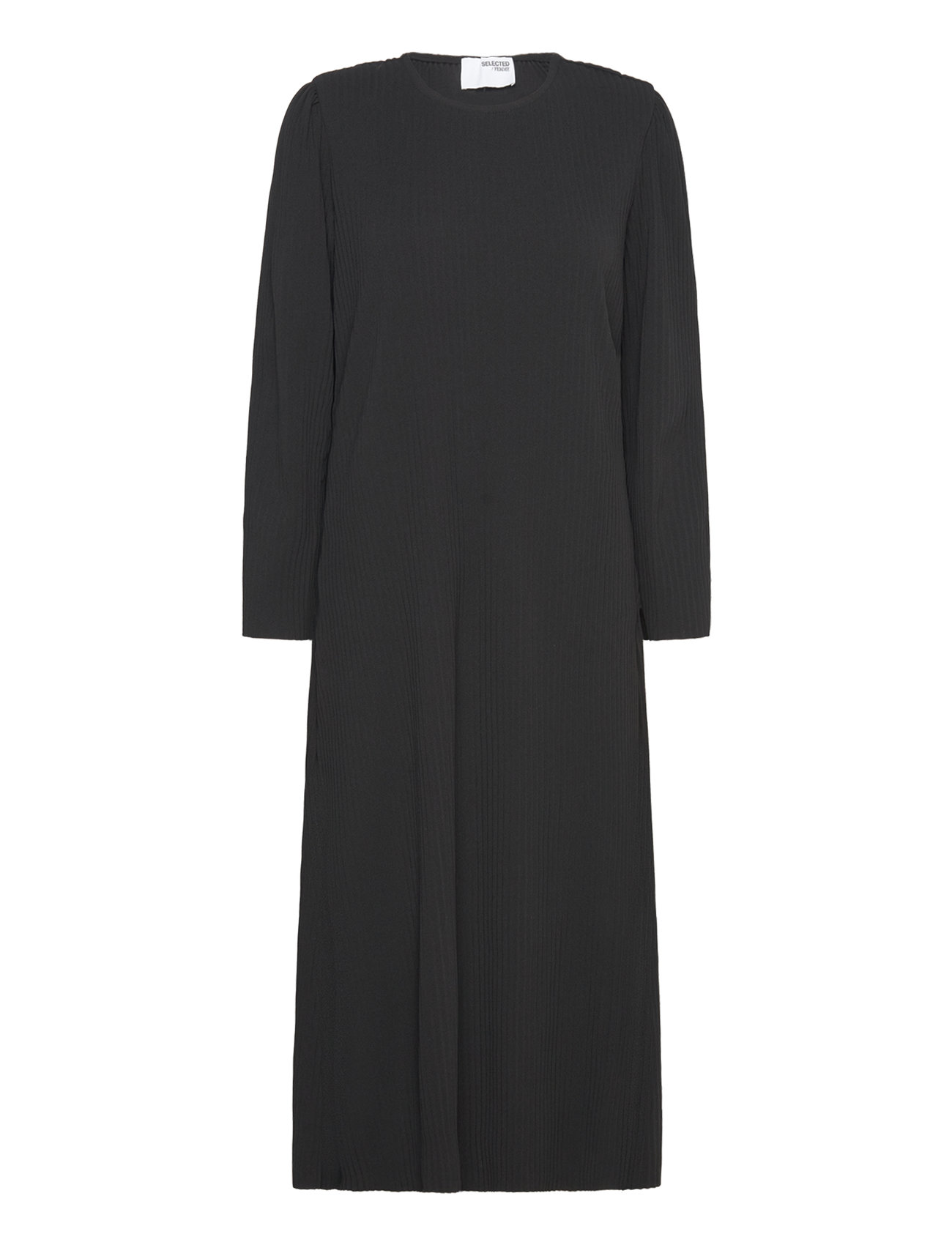 Slfsilla Ls O-Neck Plisse Midi Dress Knelang Kjole Black Selected Femme