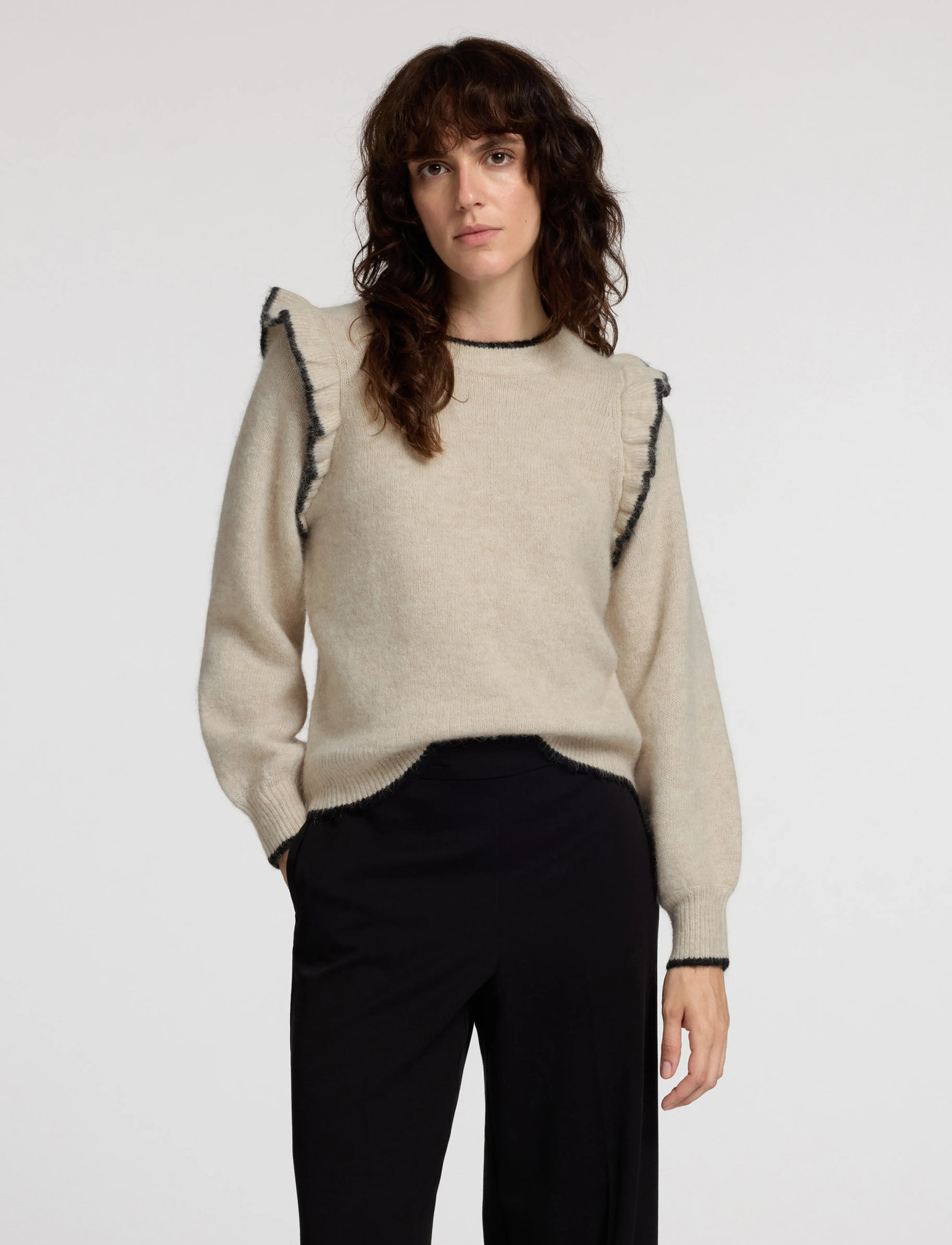 Selected Slfalva Frills Ls Knit O-Neck, XL, Beige, Strik > Trøjer, Dame