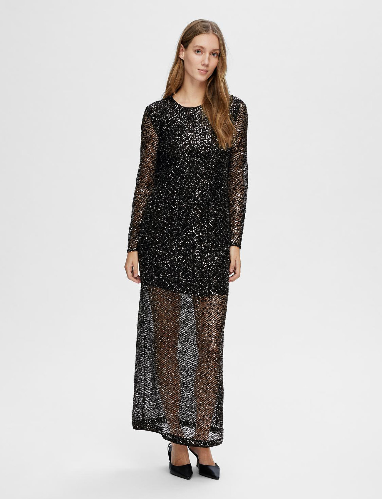 Selected Slfnoel Ls Ankle Sequins Dress B, 36, Black, Kjoler > Maxikjole, Dame