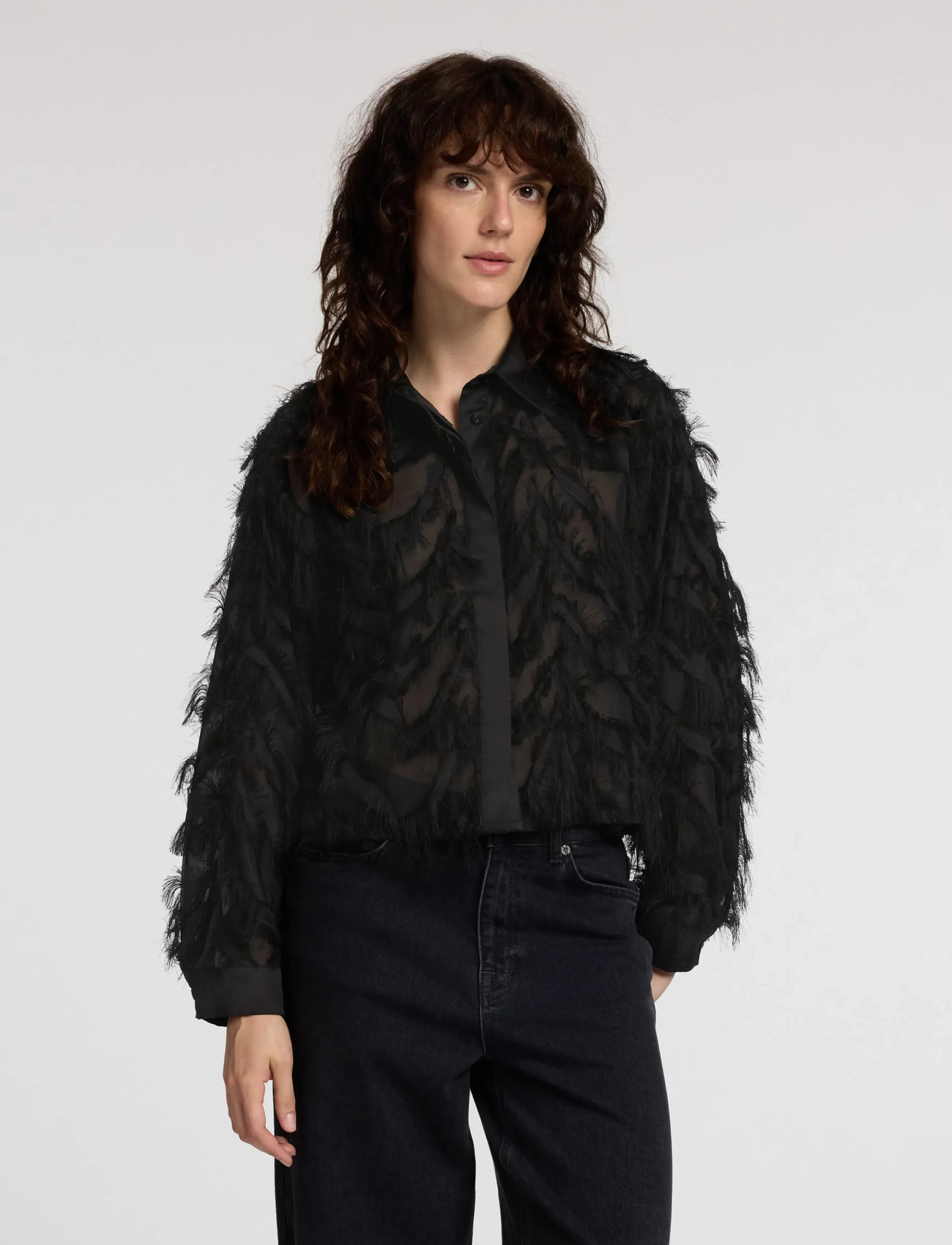 Selected Slfmyline Ls Fluffy Cropped Shirt B, 34, Black, Skjorter > Langærmede, Dame