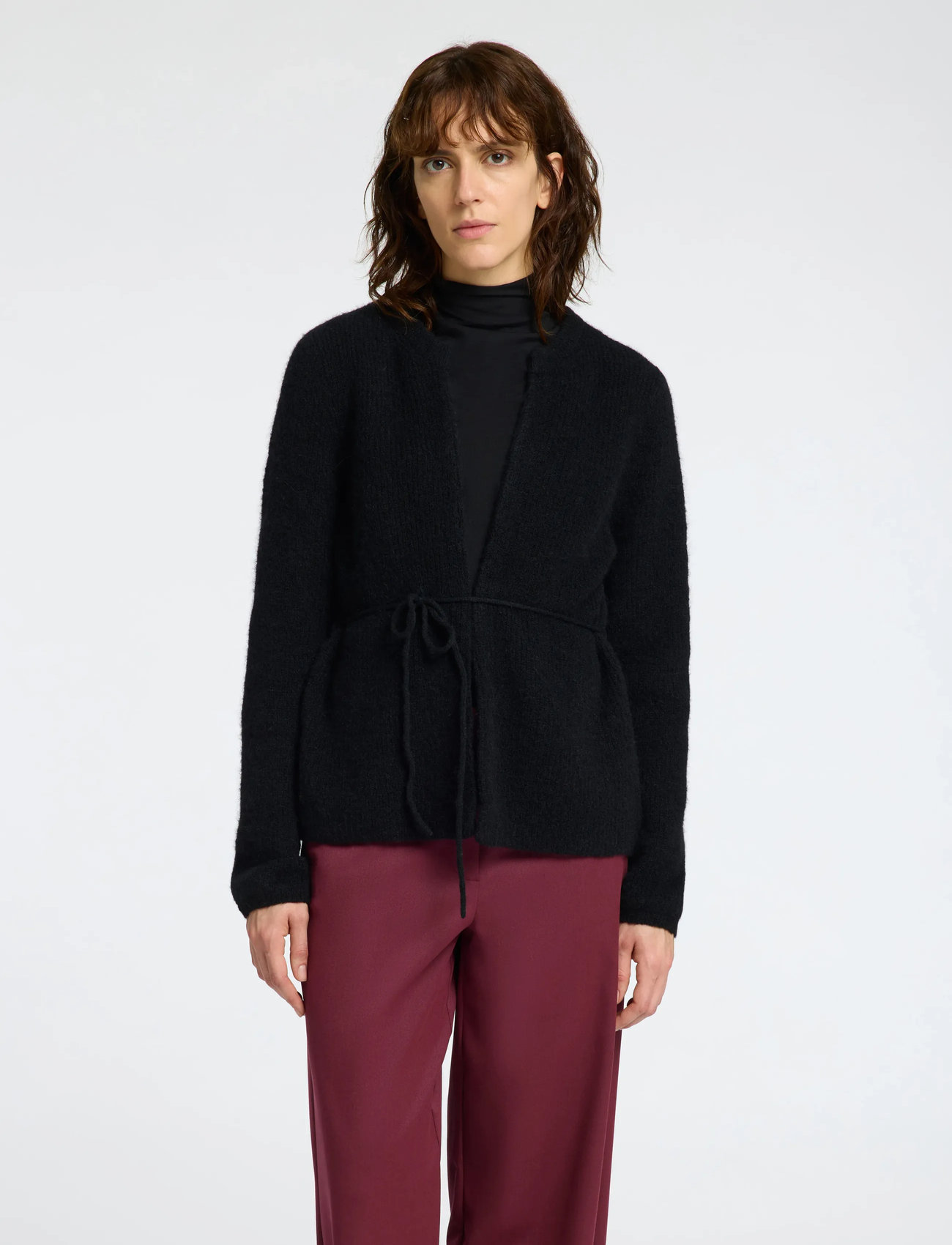 Selected Slfsia Ras Ls Knit Belt Cardigan, M, Black, Strik > Cardigans, Dame