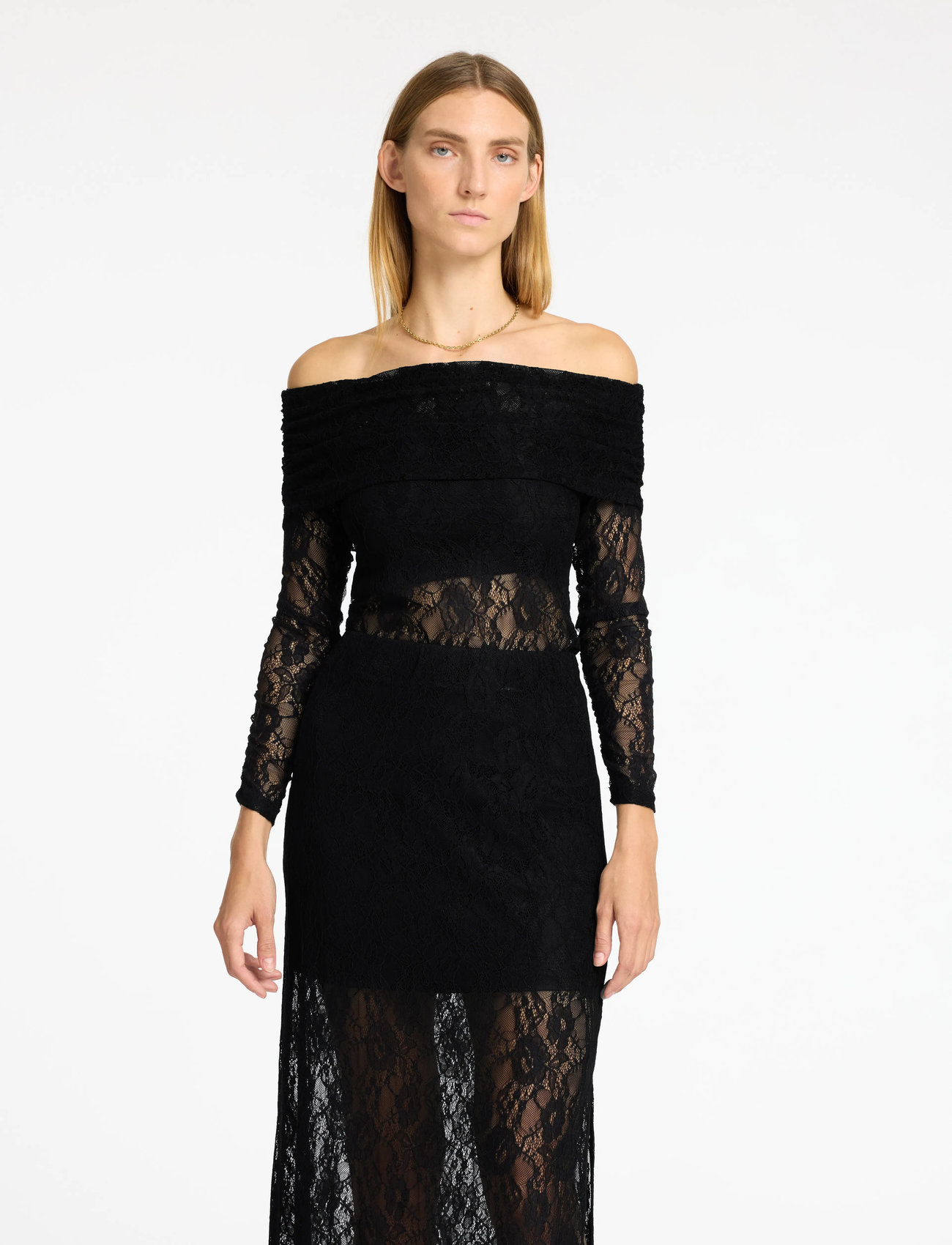Selected Slfmista Ls Off Shoulder Lace Top, XL, Black, T-Shirts & Toppe > Langærmede, Dame