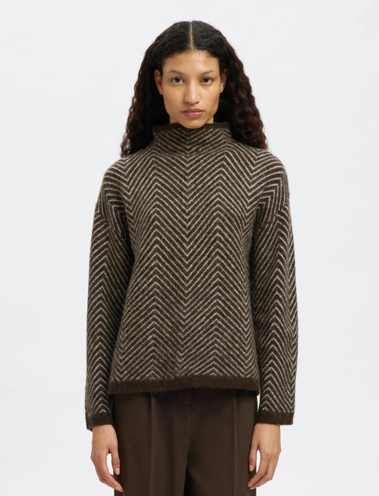Selected Slflulu Ls Herringbone Knit High Neck, M, Brown, Knitwear - Jumpers, Dame