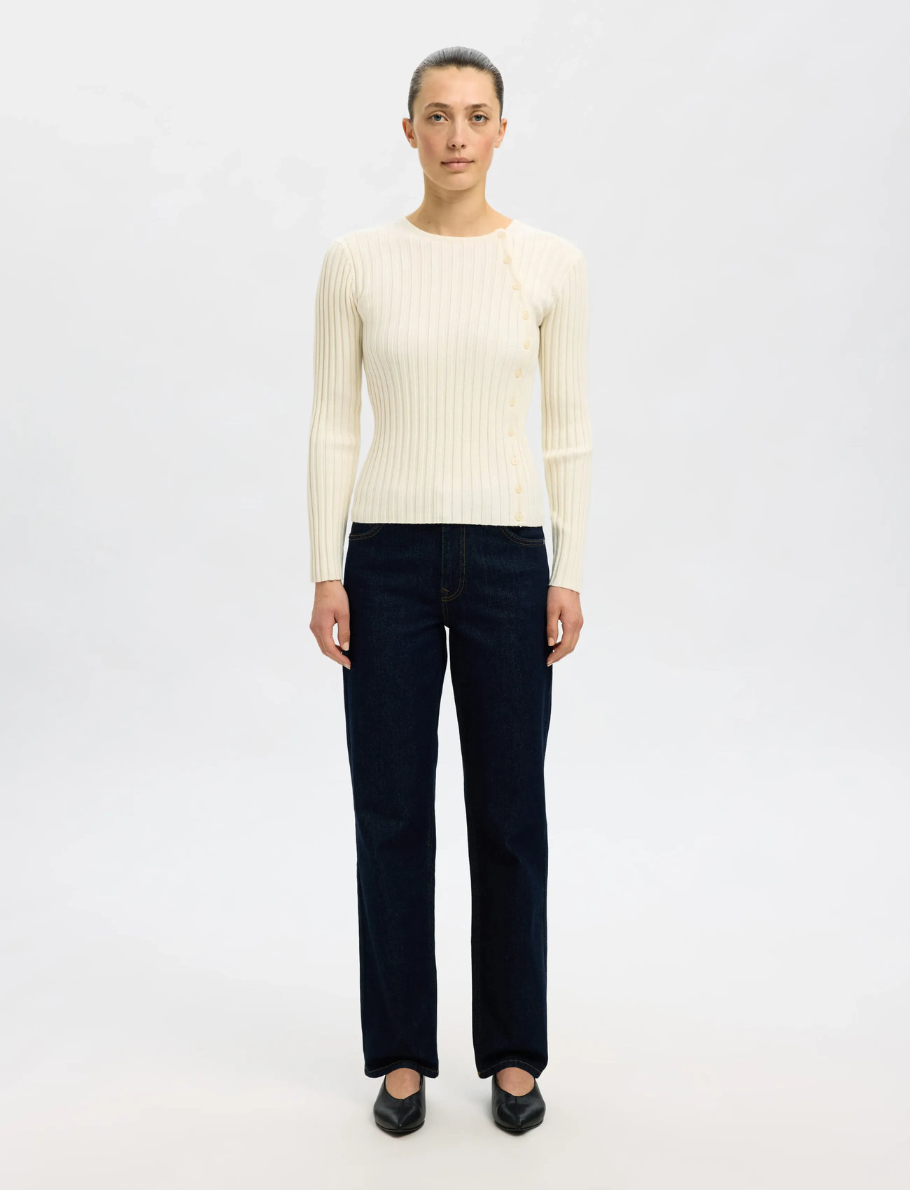 Selected Slfhelen Ls Knit Button O-Neck Top, M, White, Strik > Trøjer, Dame