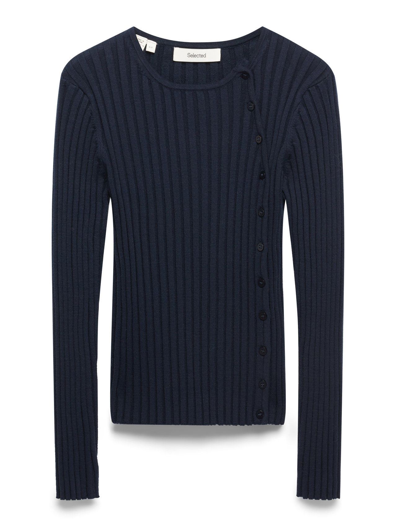 Selected Slfhelen Ls Knit Button O-Neck Top, S, Navy, Strik > Trøjer, Dame