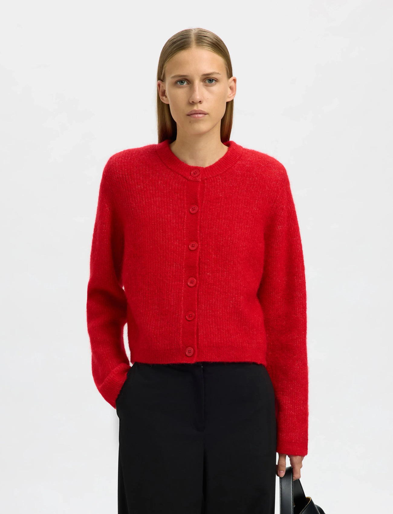 Selected Slfsia Ras Ls Knit Cropped Cardigan, XL, Red, Strik > Cardigans, Dame