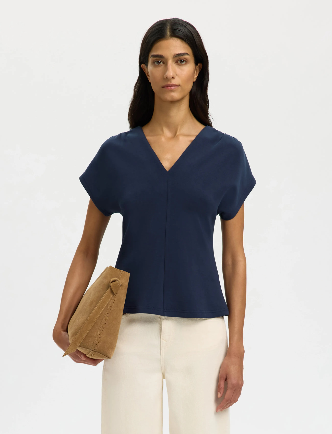 Selected Slftenny Ss V-Neck Gathered Top Noos, M, Navy, T-Shirts & Toppe > Kortærmede, Dame