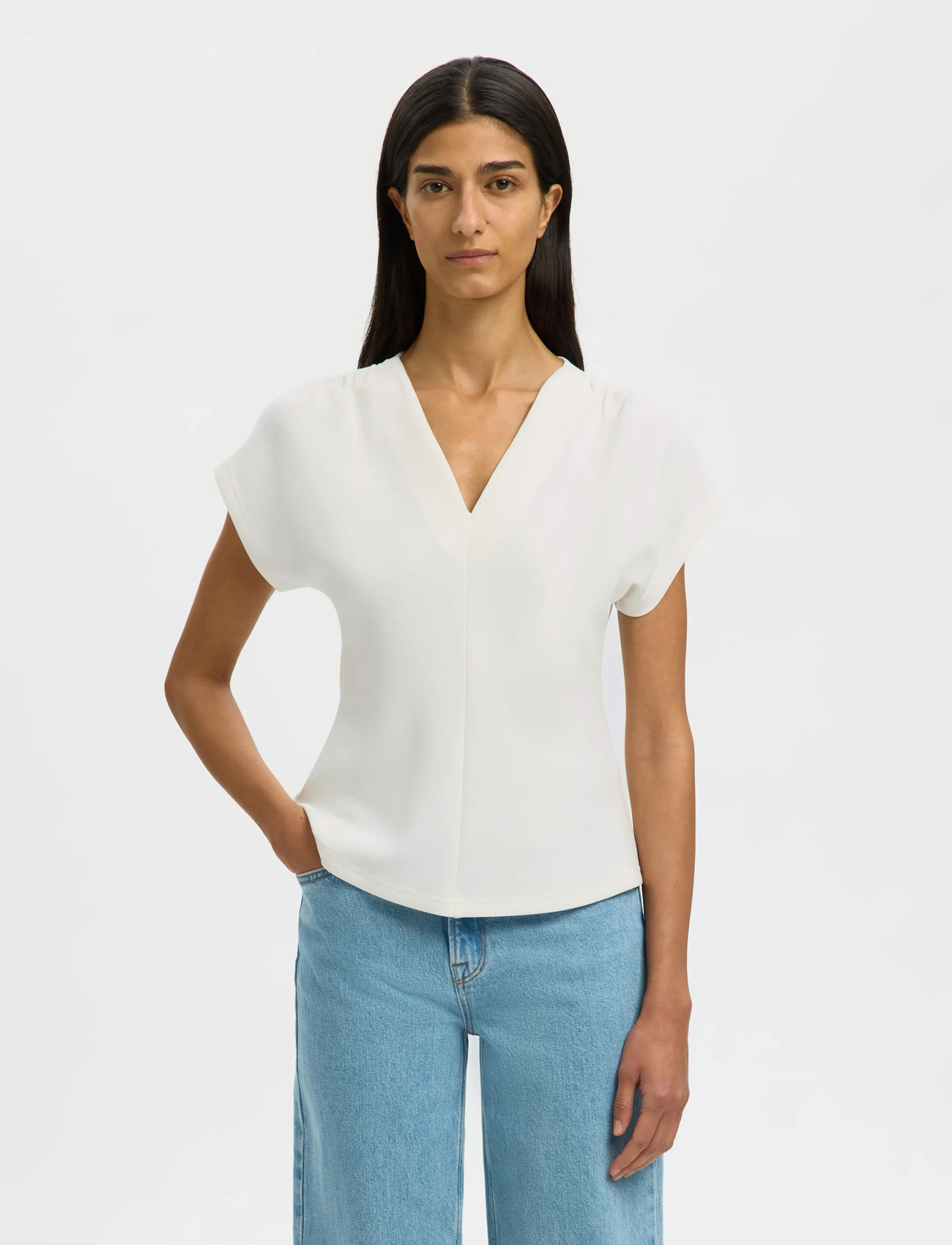 Selected Slftenny Ss V-Neck Gathered Top Noos, XS, White, T-Shirts & Toppe > Kortærmede, Dame