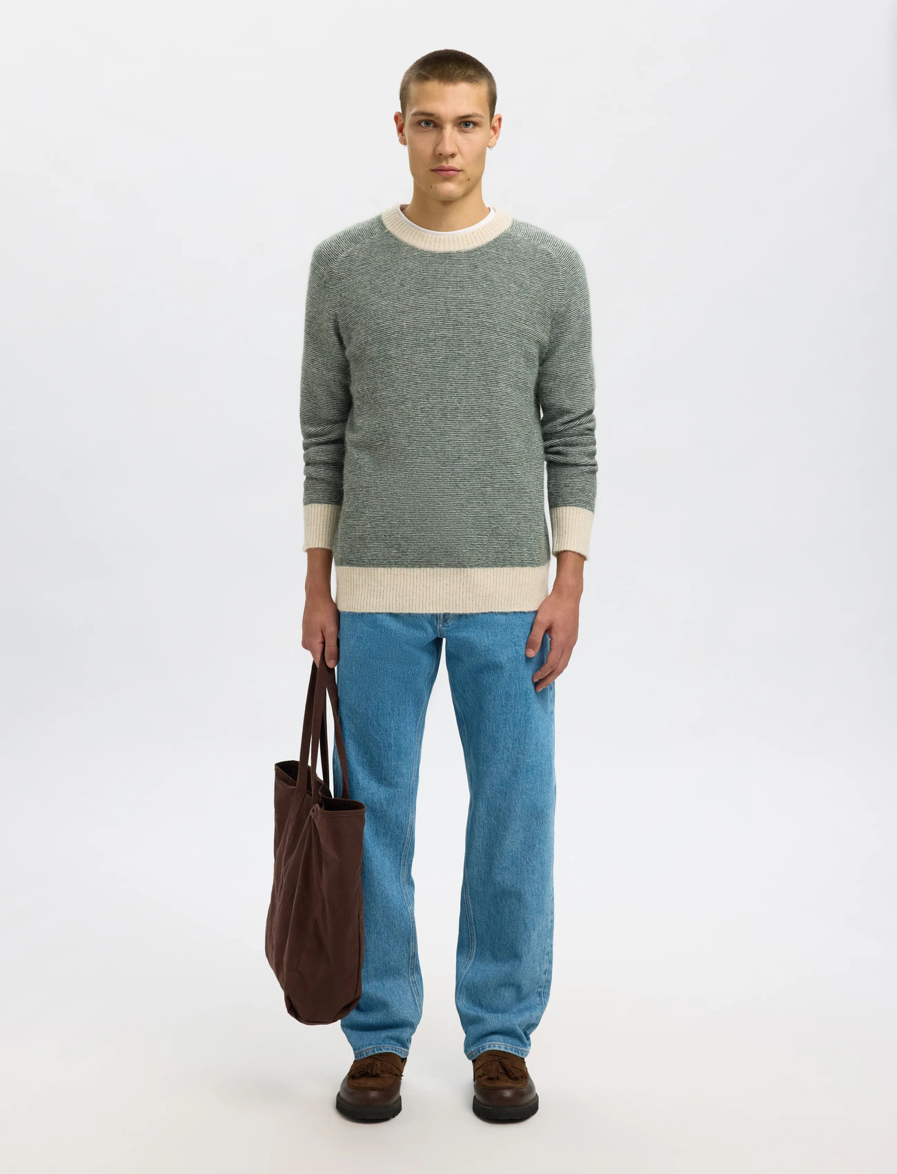 Selected Slmrai Ls Knit Crew Neck Noos, L, Grey, Strik > Runde Halse, Herre