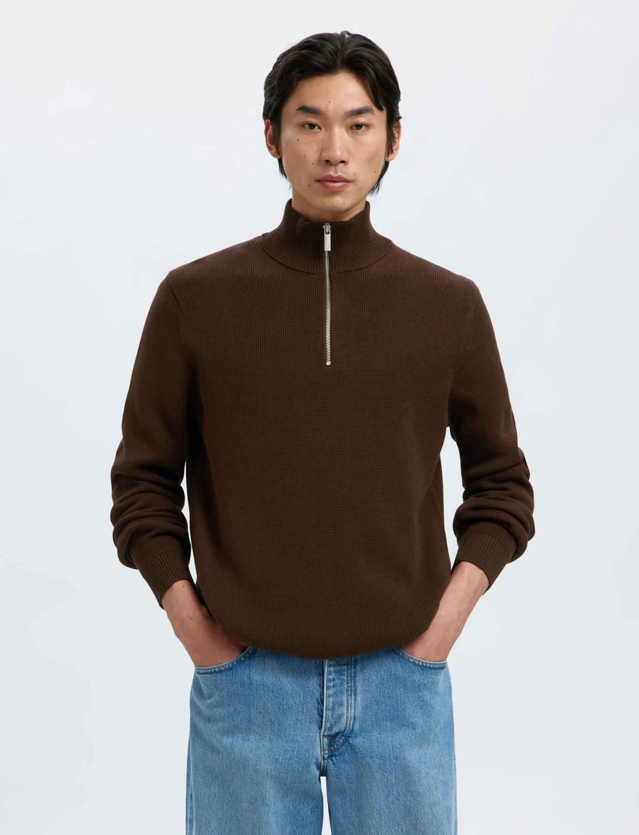 Selected Slhdane Ls Knit Structure Half Zip Noos