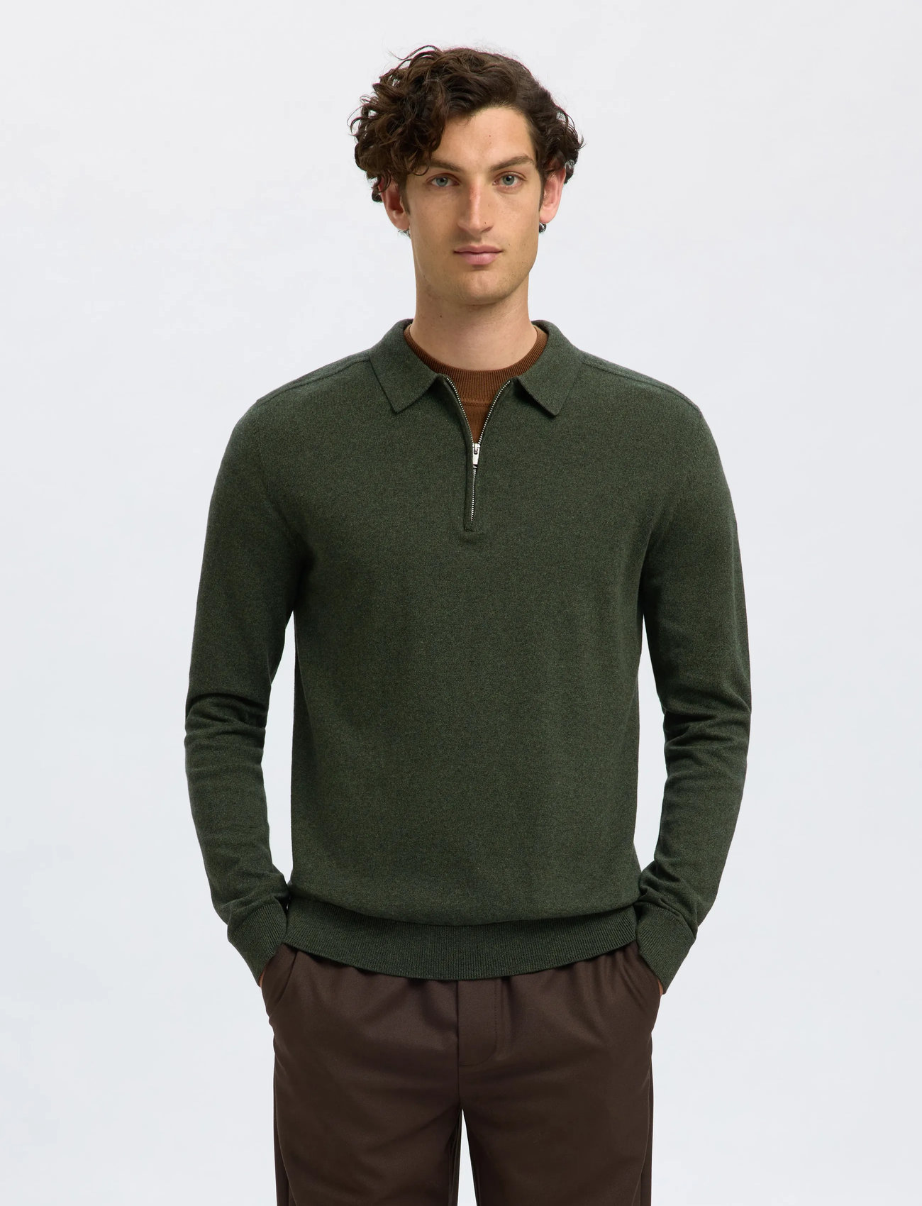Selected Slhberg Ls Half Zip Polo Noos, S, Khaki green, Strik > Trøjer Med Halv Lynlås, Herre
