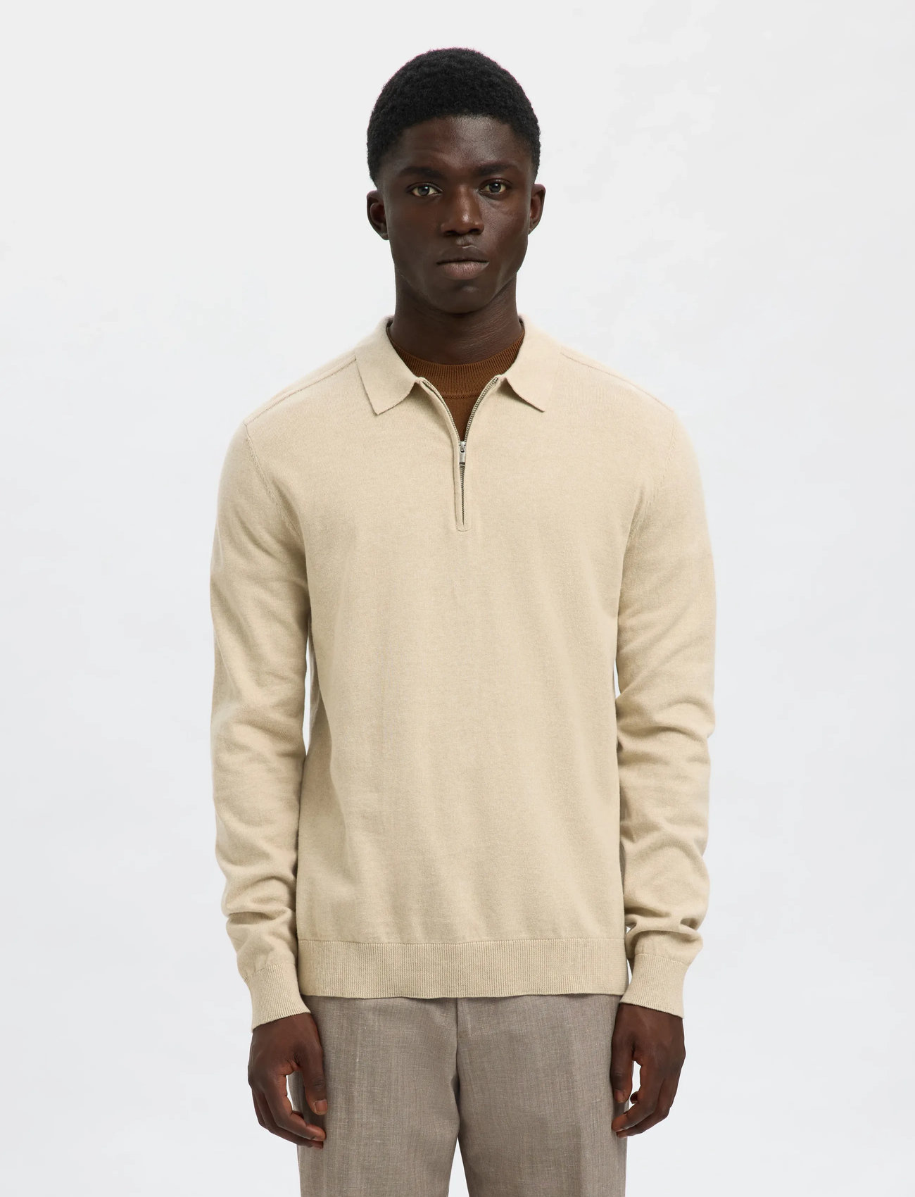 Selected Slhberg Ls Half Zip Polo Noos, XXL, Cream, Strik > Trøjer Med Halv Lynlås, Herre