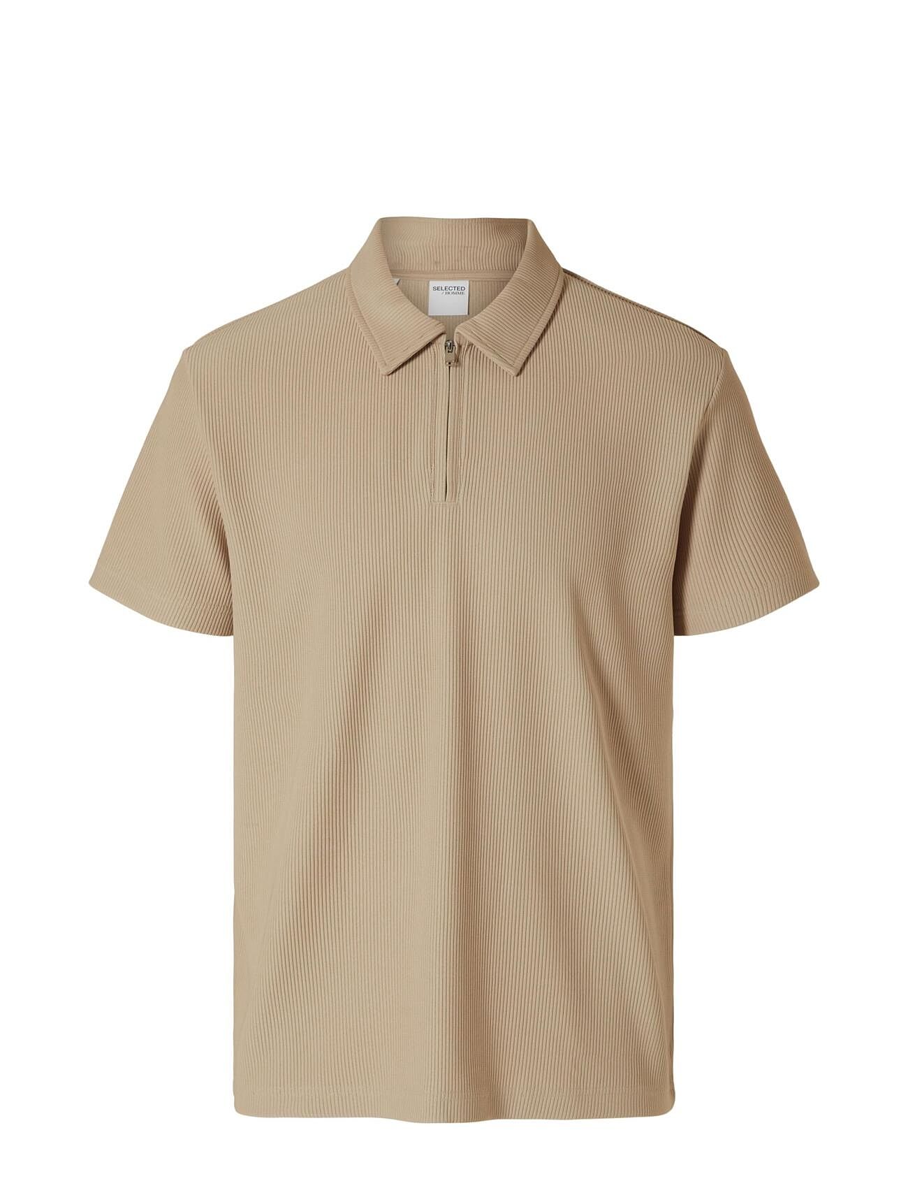 Selected Homme Slhrelax-Plisse Half Zip Ss Polo Ex Beige