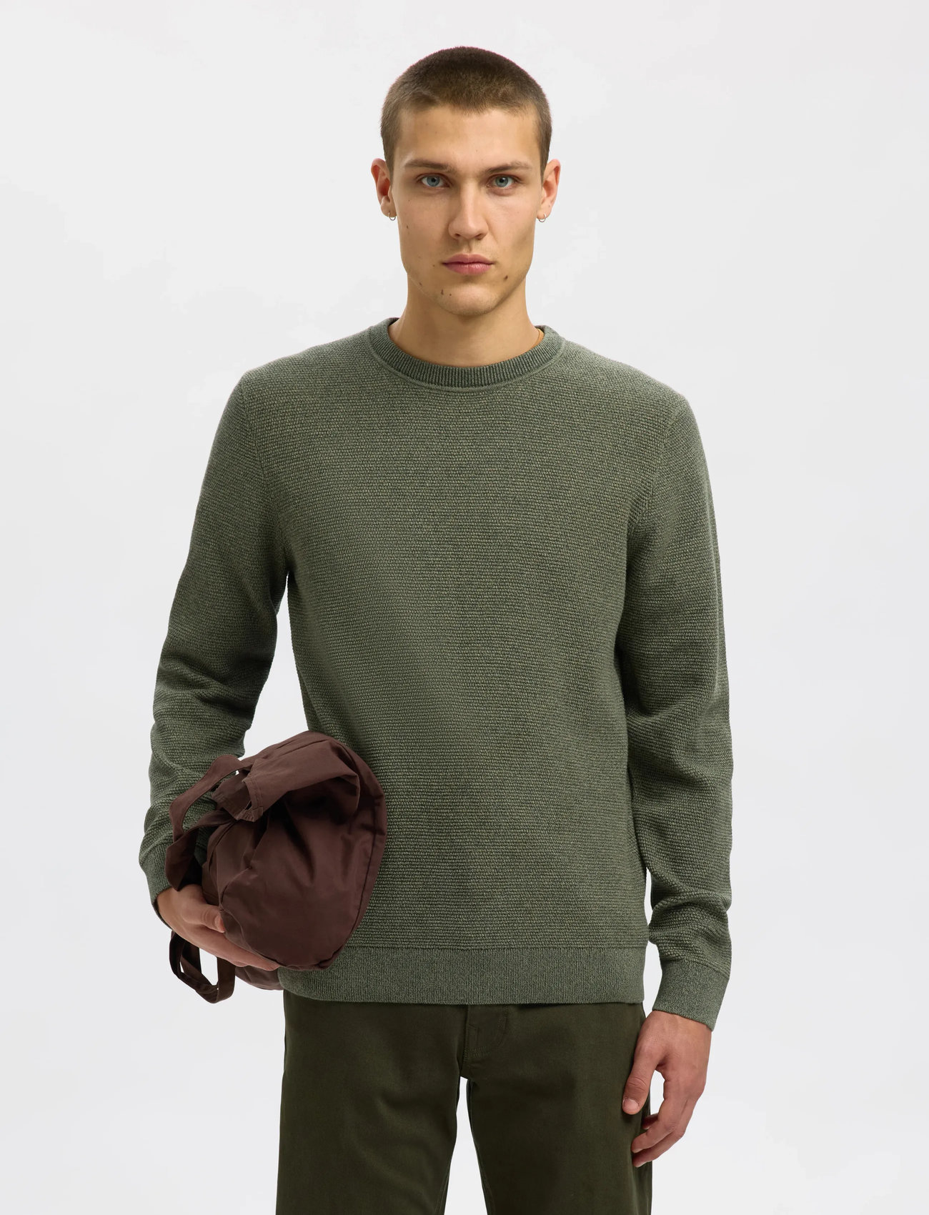 Selected Slhross Ls Knit Structure Crew Neck Noos, M, Green, Strik > Runde Halse, Herre