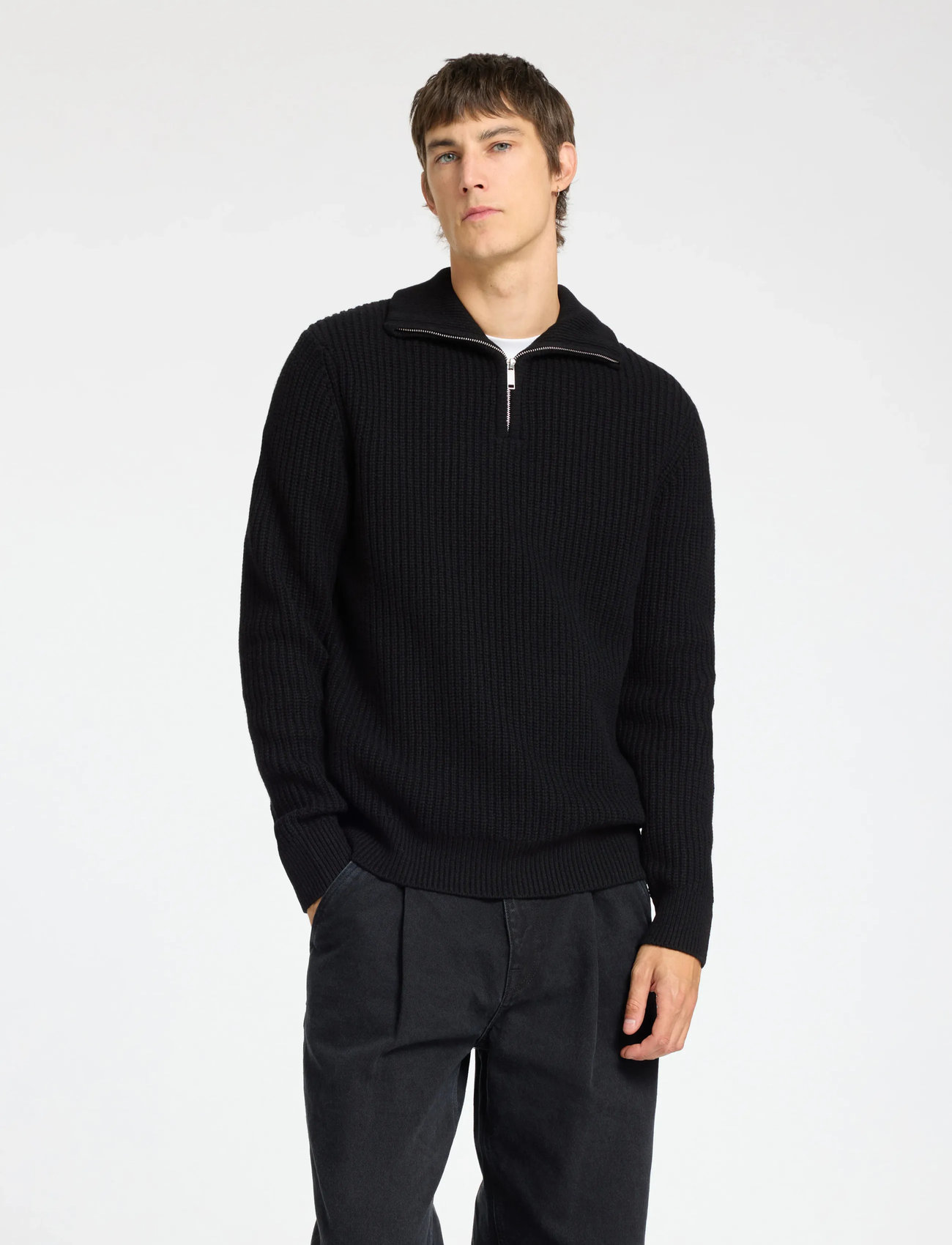 Selected Slhland Ls Knit Half Zip, XXL, Black, Strik > Trøjer Med Halv Lynlås, Herre