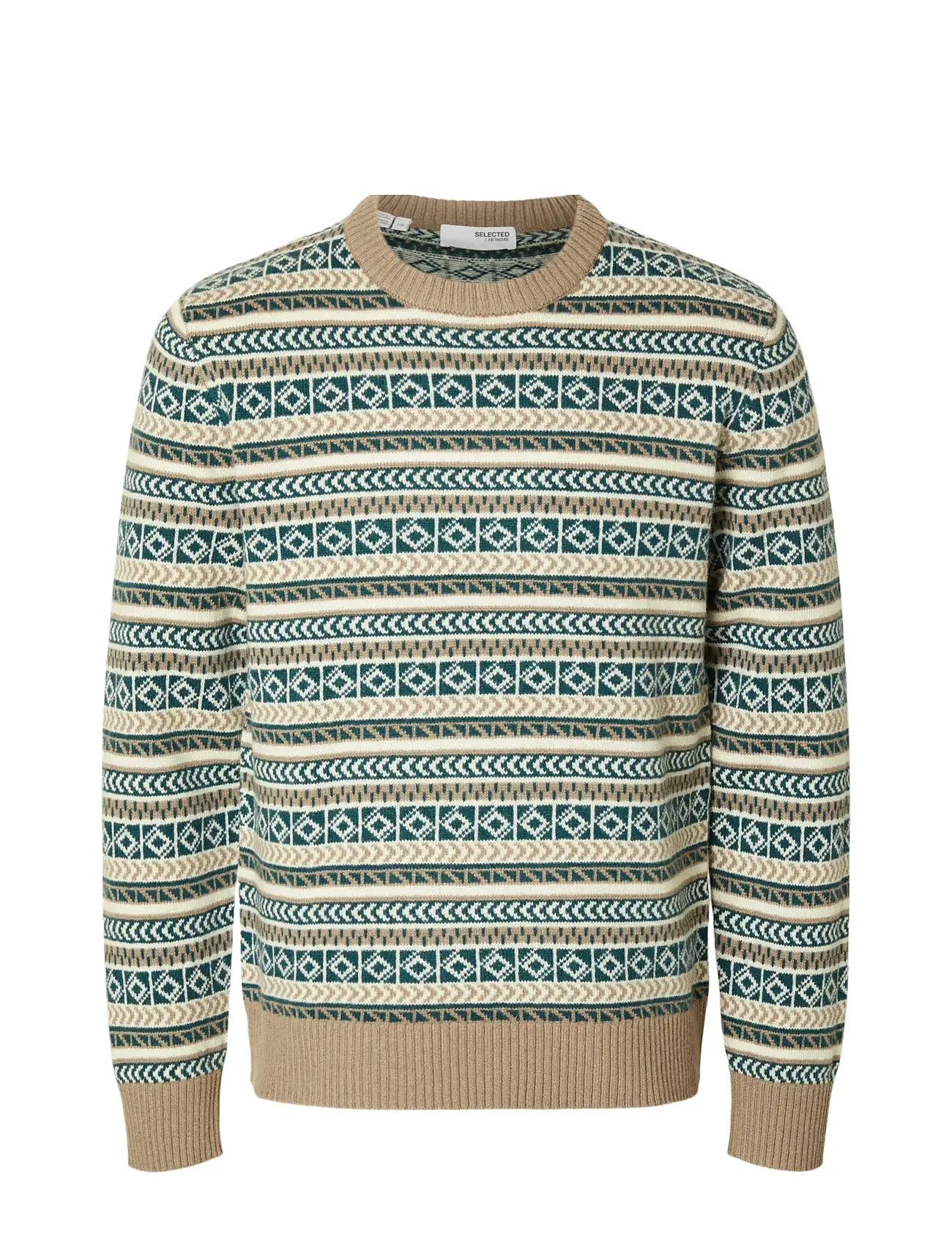 Slhfade Ls Knit Fairisle Crew Neck Beige Selected Homme