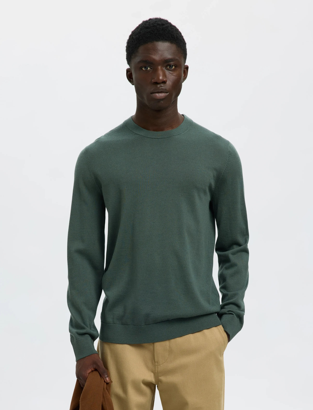 Selected Slhtray Ls Knit Merino Crew Neck Noos, XL, Khaki green, Strik > Langærmede Strikkede Poloer, Herre