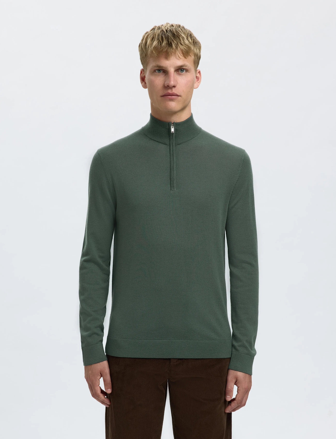 Selected Slhtray Ls Knit Merino Half Zip Noos, XL, Green, Strik > Trøjer Med Halv Lynlås, Herre
