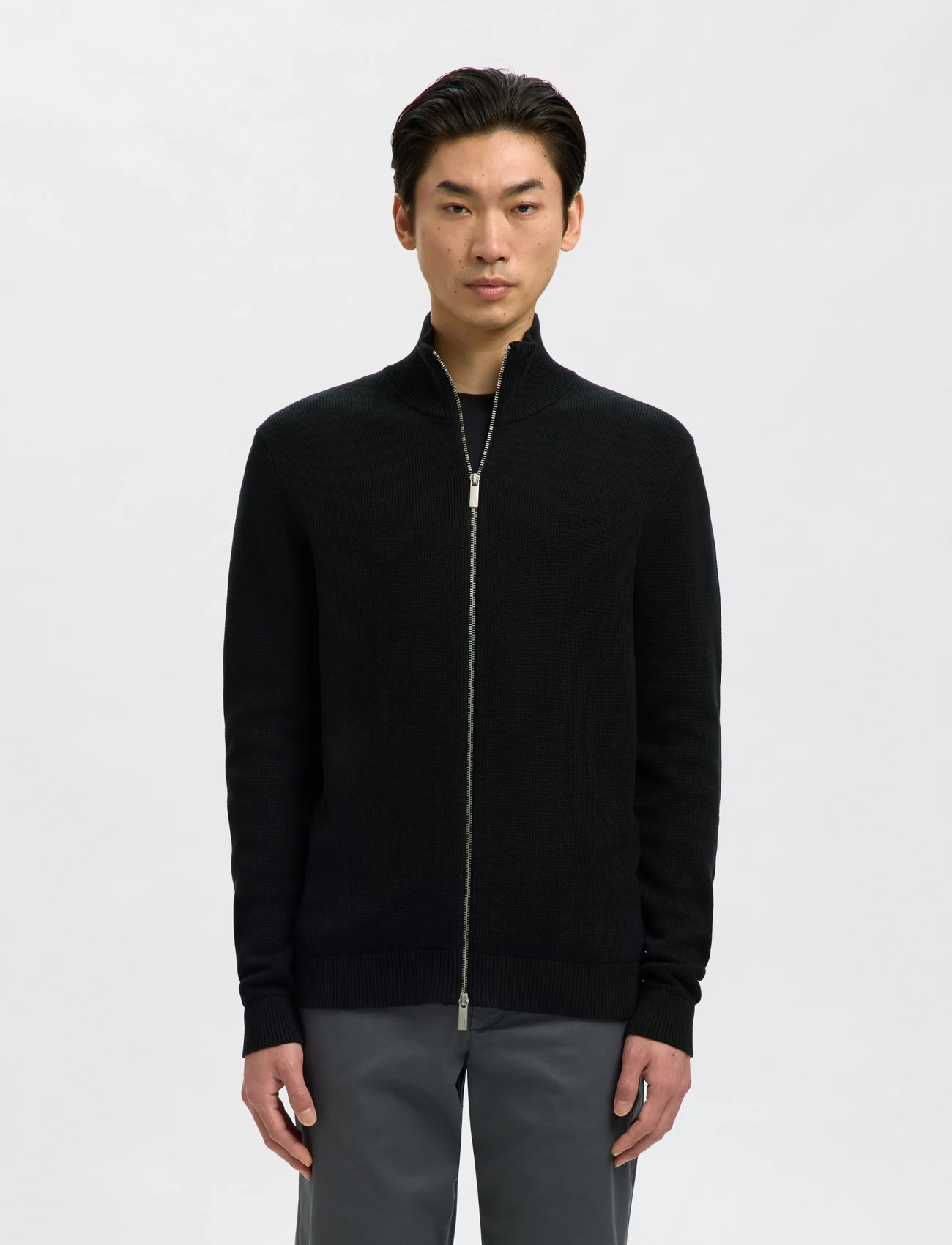Selected Slmdane Ls Knit Structure Full Zip Noos, XL, Black, Strik > Trøjer Med Fuld Lynlås, Herre