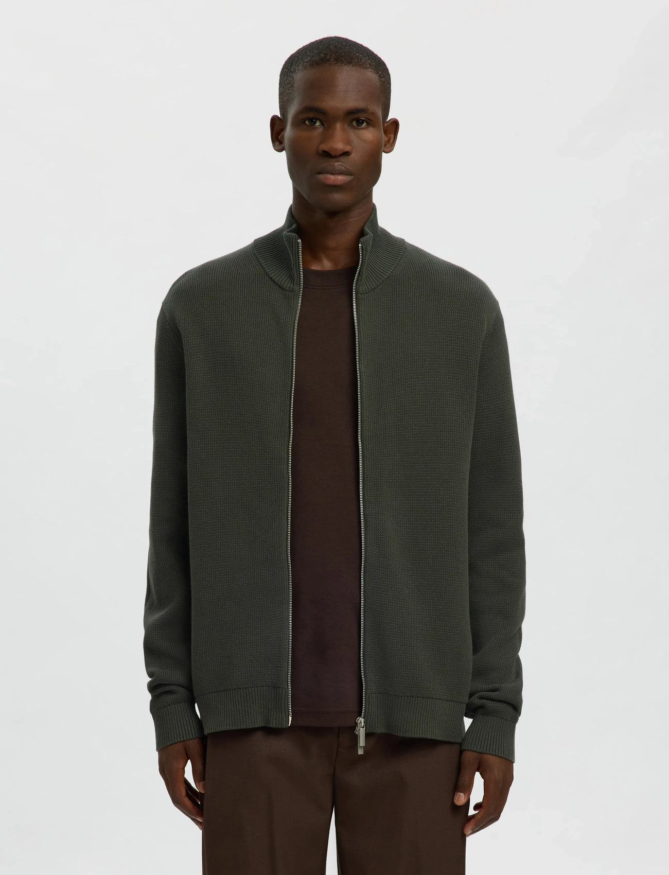 Selected Slmdane Ls Knit Structure Full Zip Noos, XXL, Khaki green, Strik > Trøjer Med Fuld Lynlås, Herre