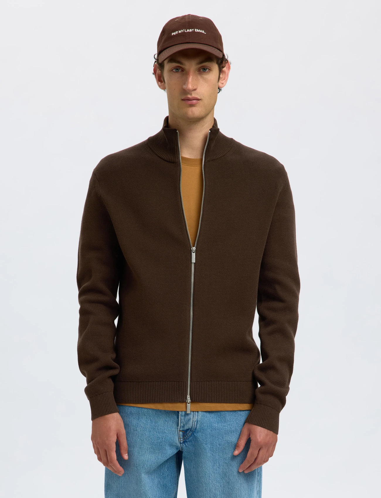 Selected Slmdane Ls Knit Structure Full Zip Noos, XL, Brown, Strik > Trøjer Med Fuld Lynlås, Herre