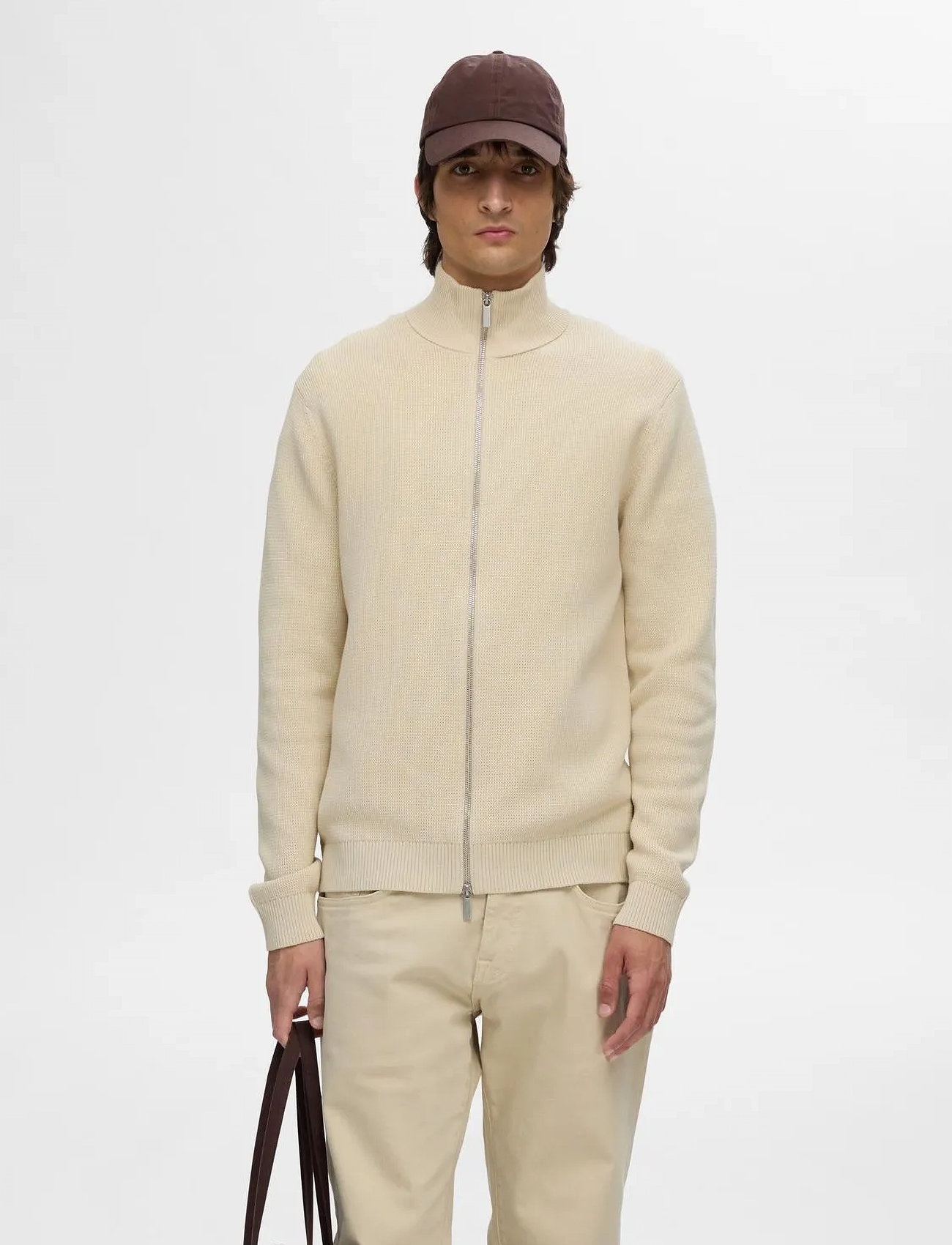 Selected Slmdane Ls Knit Structure Full Zip Noos, XL, Beige, Strik > Trøjer Med Fuld Lynlås, Herre