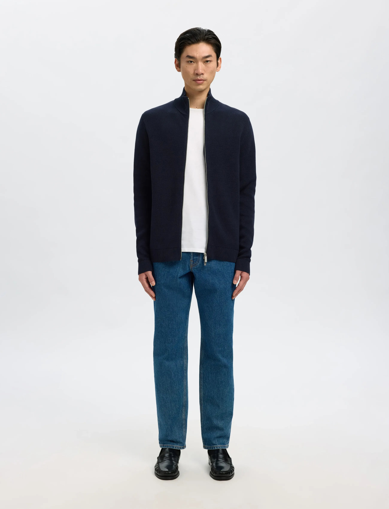 Selected Slmdane Ls Knit Structure Full Zip Noos, XL, Navy, Strik > Trøjer Med Fuld Lynlås, Herre