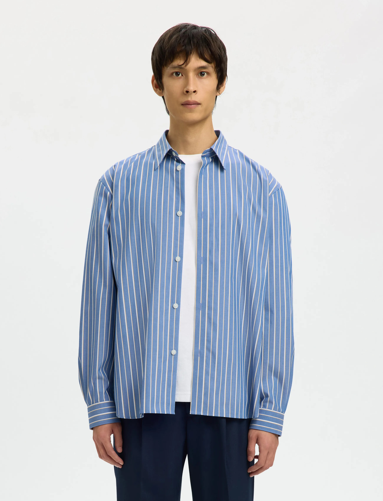 Selected Slhrlxben Stripe Ls Shirt, S, Blue, Shirts > Striped Shirts, Herre
