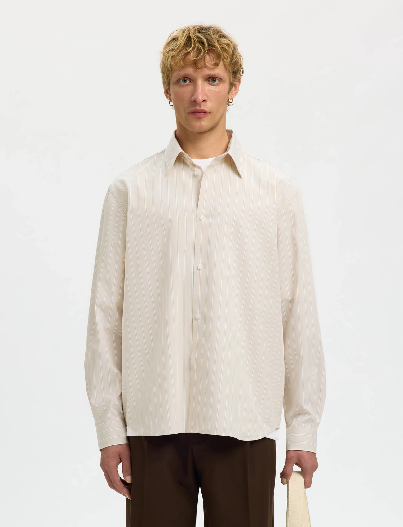 Selected Slhrlxben Stripe Ls Shirt, XL, Cream, Shirts > Striped Shirts, Herre