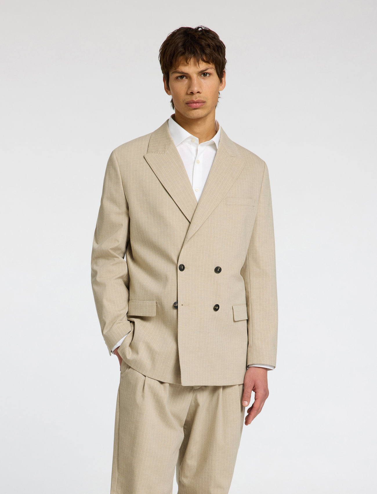Selected Slhrelaxed- Finn Pinstriped Db Blz, 48, Beige, Jakkesæt & Blazere > Blazere, Herre