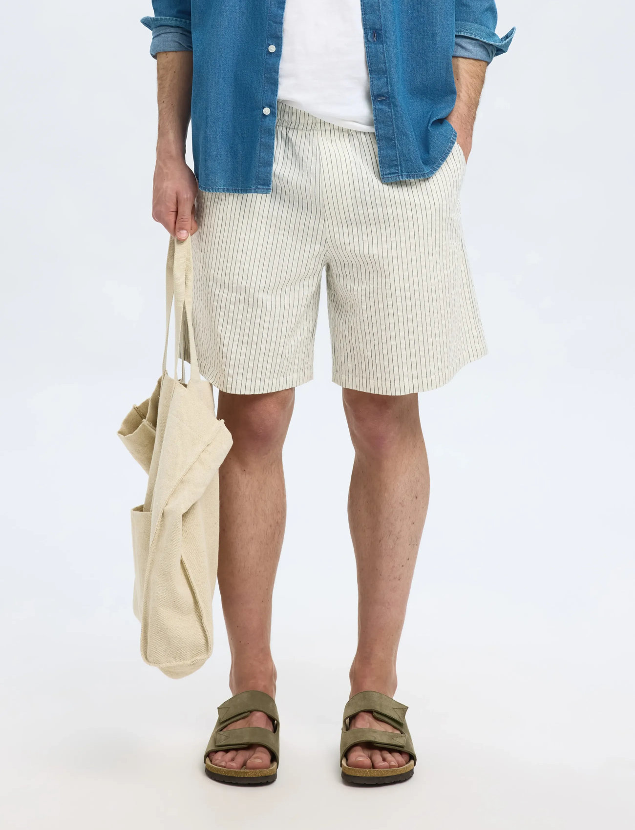 Selected Slhloose-Ace Seersucker String Shorts, XL, Cream, Shorts > Afslappede Shorts, Herre