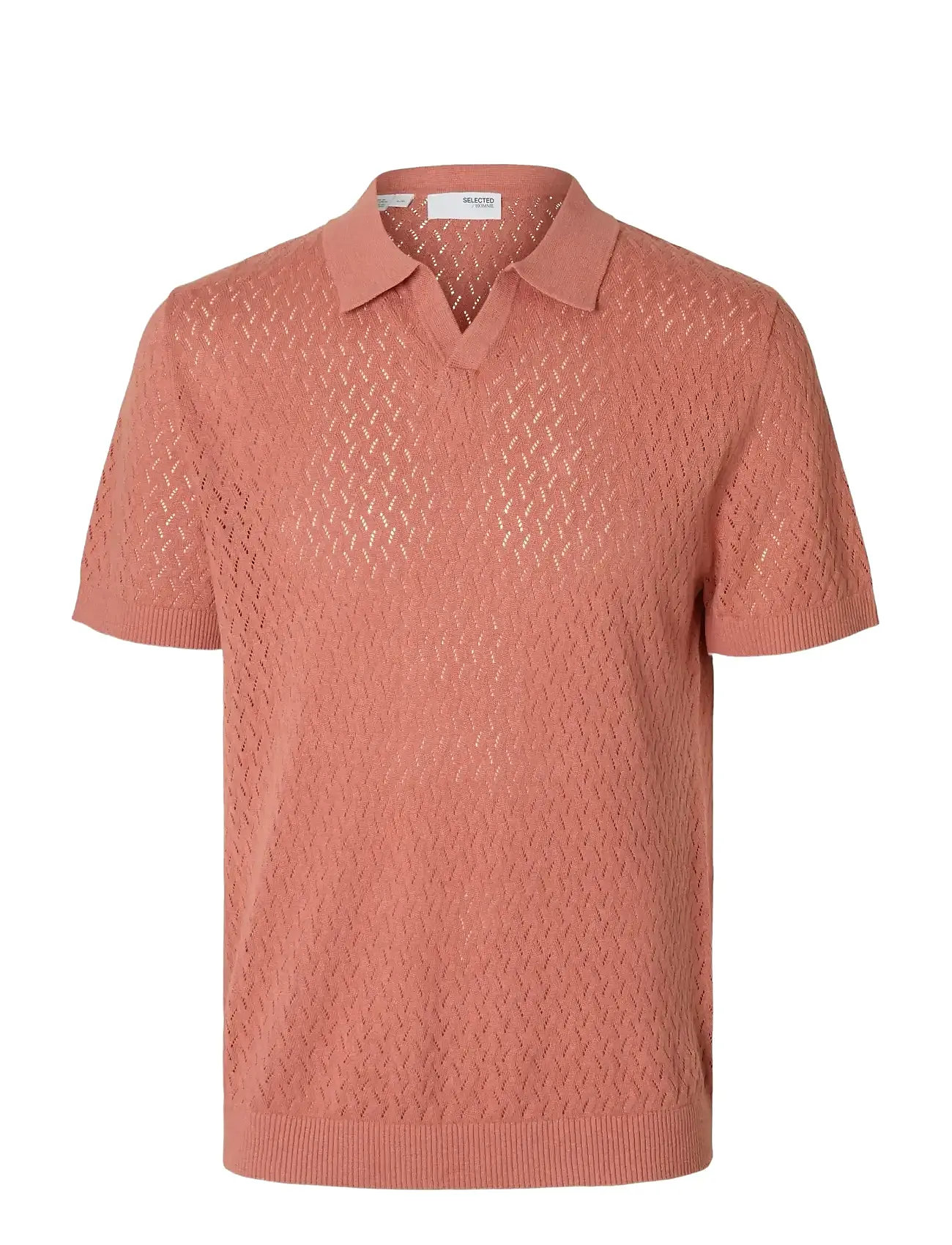 SELECTED Slhlino Ss Knit Crochet Open Polo Pink - L - Herren