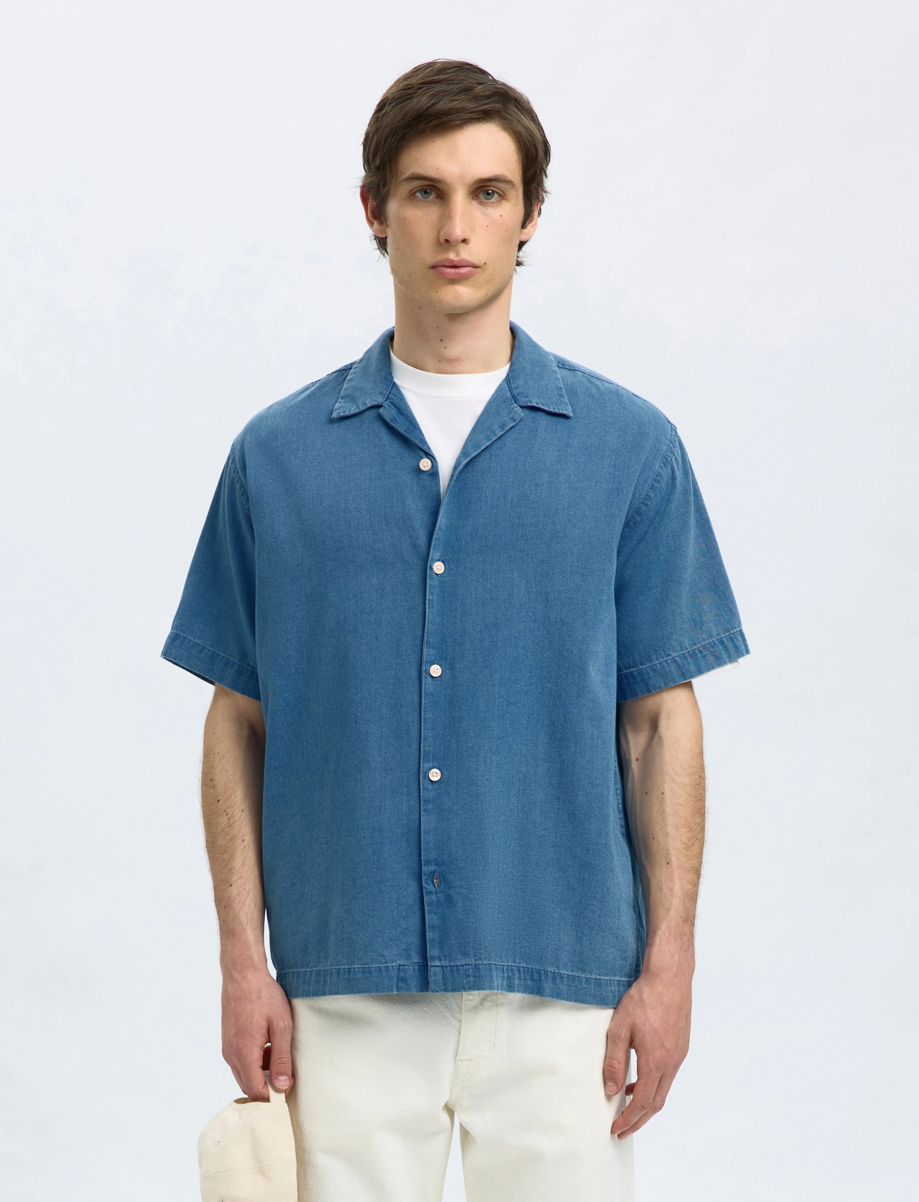 Selected Slhrlxrick Denim Ss Shirt, M, Blue, Skjorter > Kortærmede Shirts, Herre