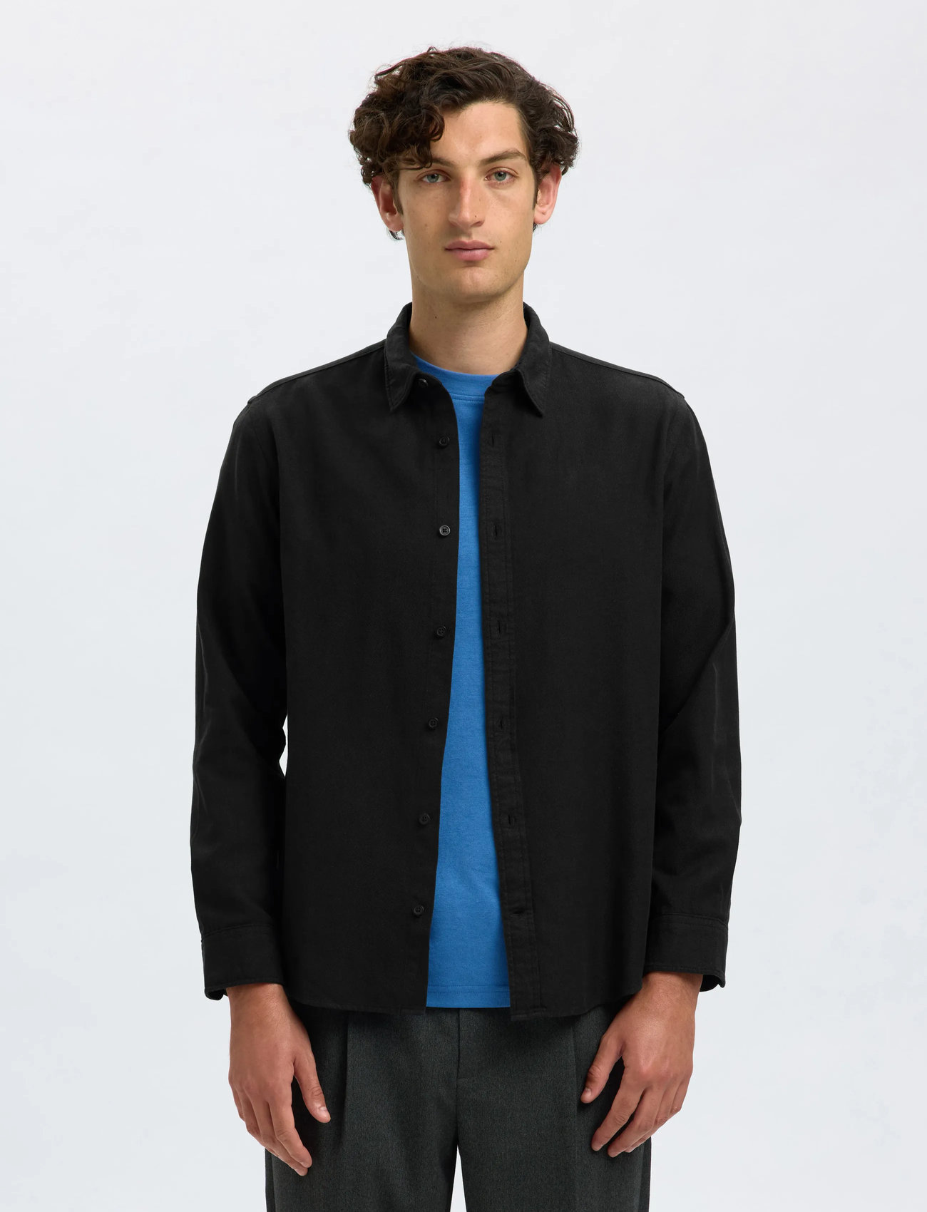 Selected Slmregclaus Noah Brush Twist Sht Ls Noos, M, Black, Skjorter > Afslappet Shirts, Herre