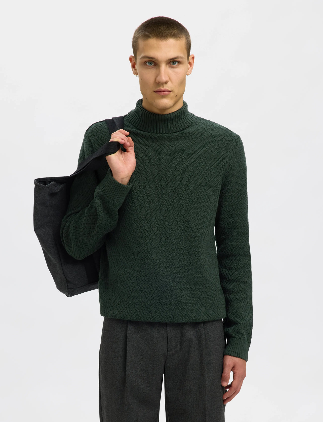 Selected Slhtrevor Ls Knit Structure Roll Neck, XL, Green, Strik > Rullekraves, Herre