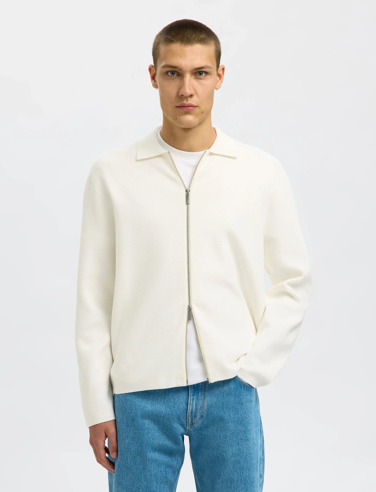 Selected Slhmike Light Ls Knit Full Zip Cardigan, L, Cream, Strik > Cardigans, Herre
